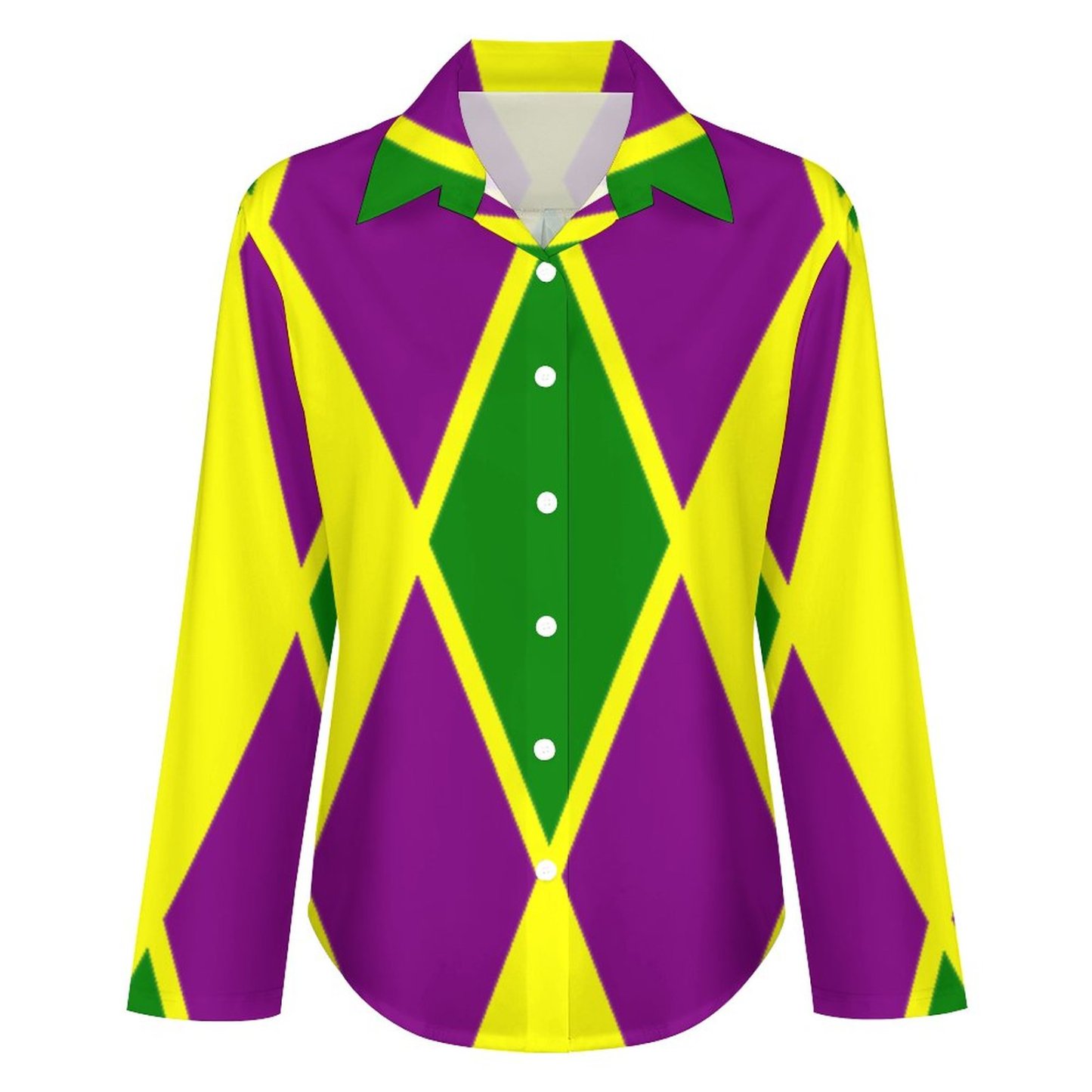 Mardi Gras Fat Tuesday Harlequin Button Down V Neck Shirts Long Sleeve Blouse Roll Up Cuffed Sleeve Casual Shirt Tops