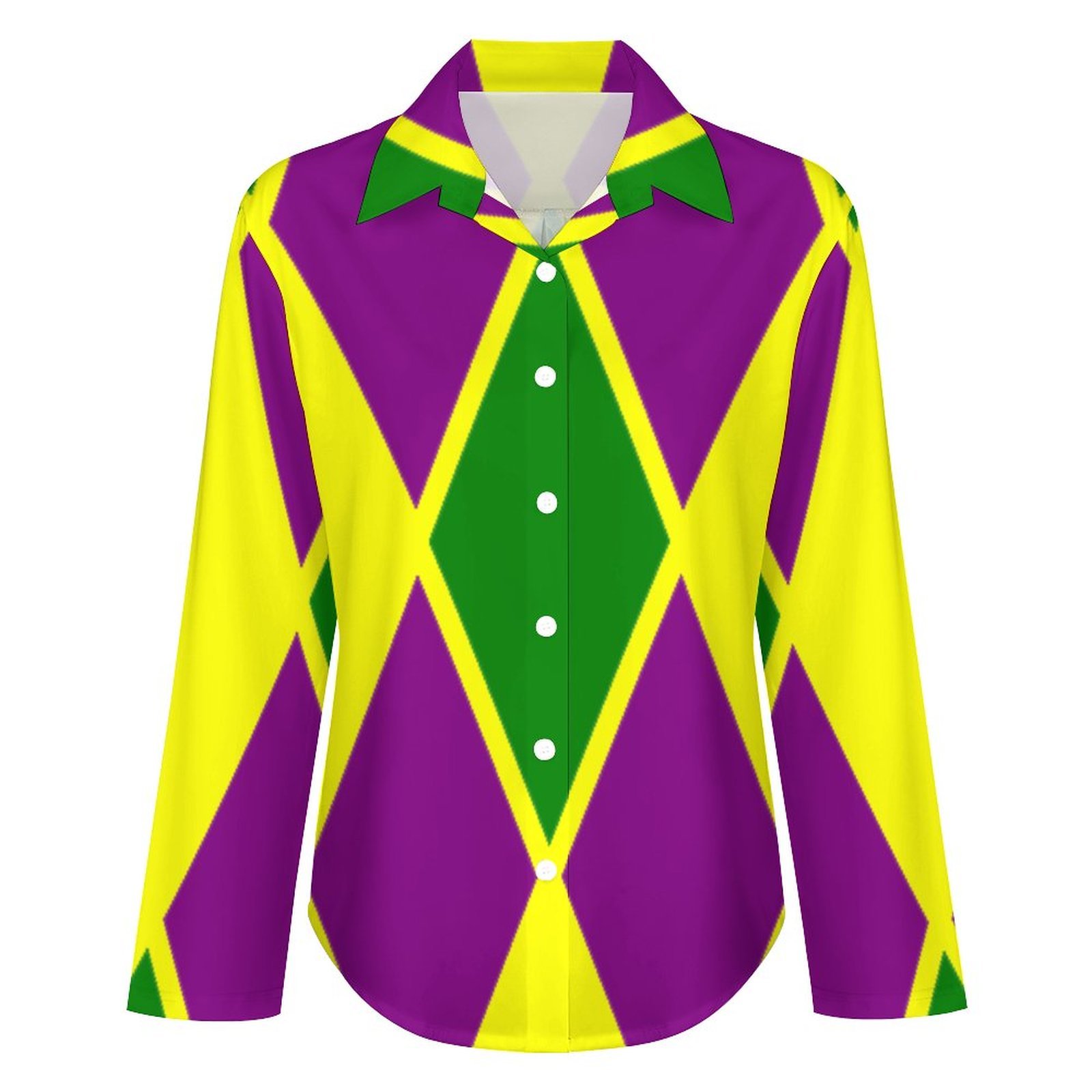 Mardi Gras Fat Tuesday Harlequin Button Down V Neck Shirts Long Sleeve Blouse Roll Up Cuffed Sleeve Casual Shirt Tops
