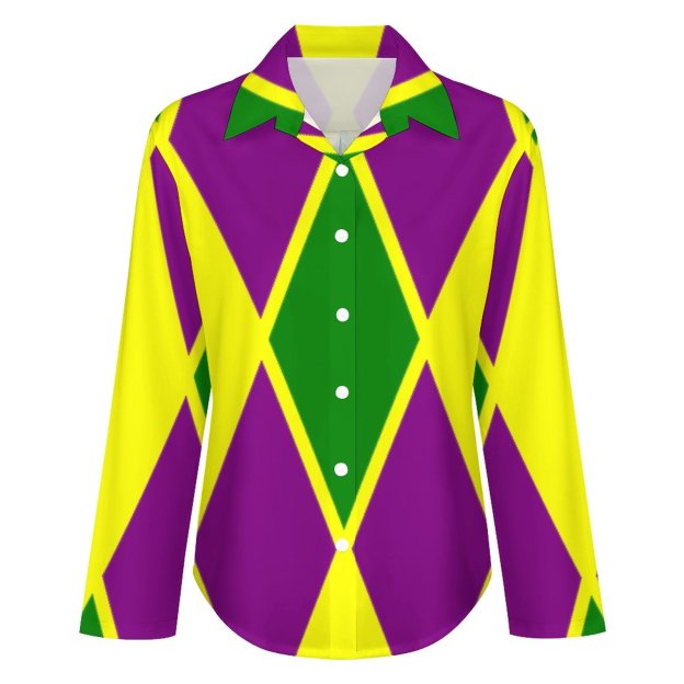 Mardi Gras Fat Tuesday Harlequin Button Down V Neck Shirts Long Sleeve Blouse Roll Up Cuffed Sleeve Casual Shirt Tops
