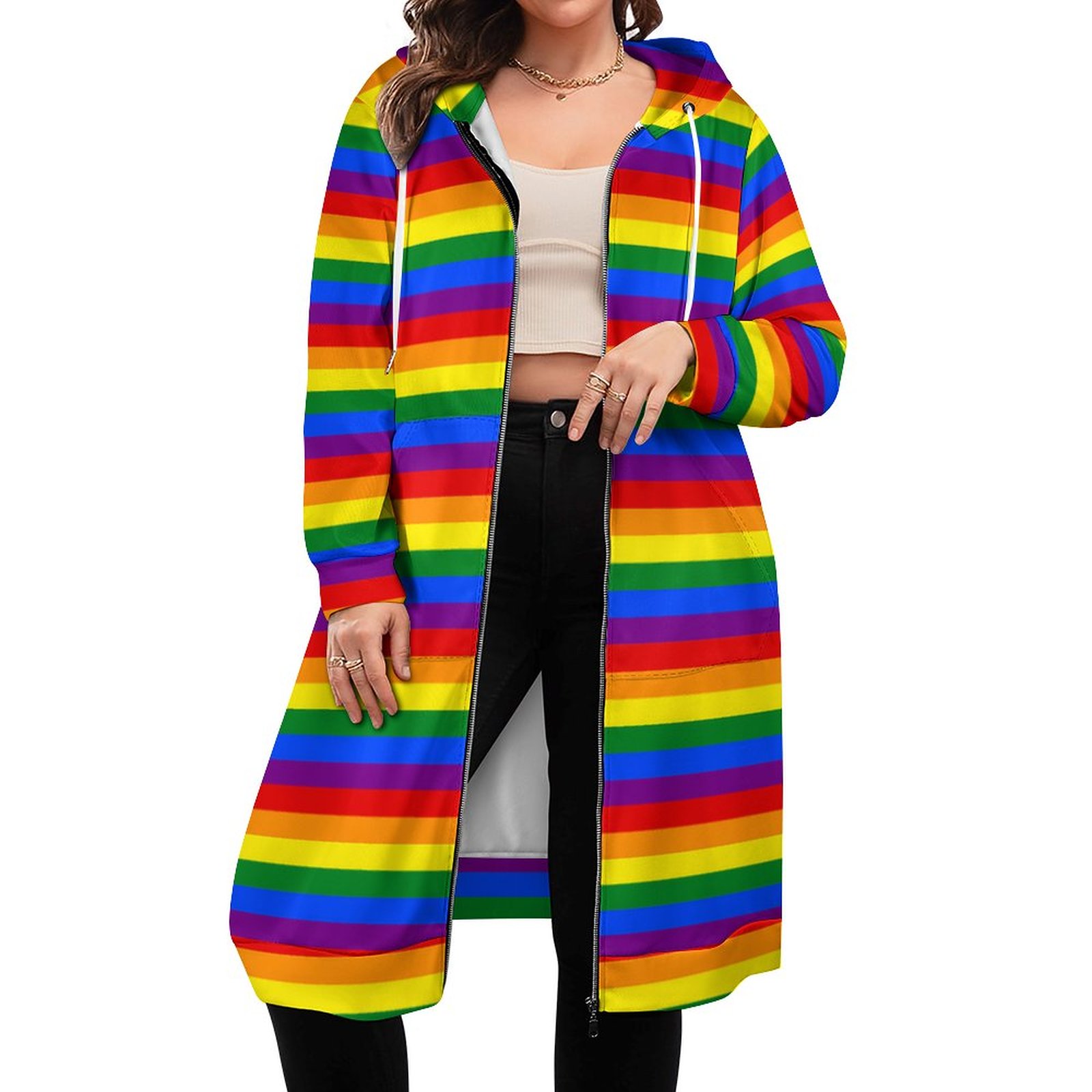 Lgbt Gay Pride Rainbow Flag Colors Stripes Zip Up Long Hoodie Jacket Women Tunic Sweatshirt Plus Size Open Front Cardigan Outfits
