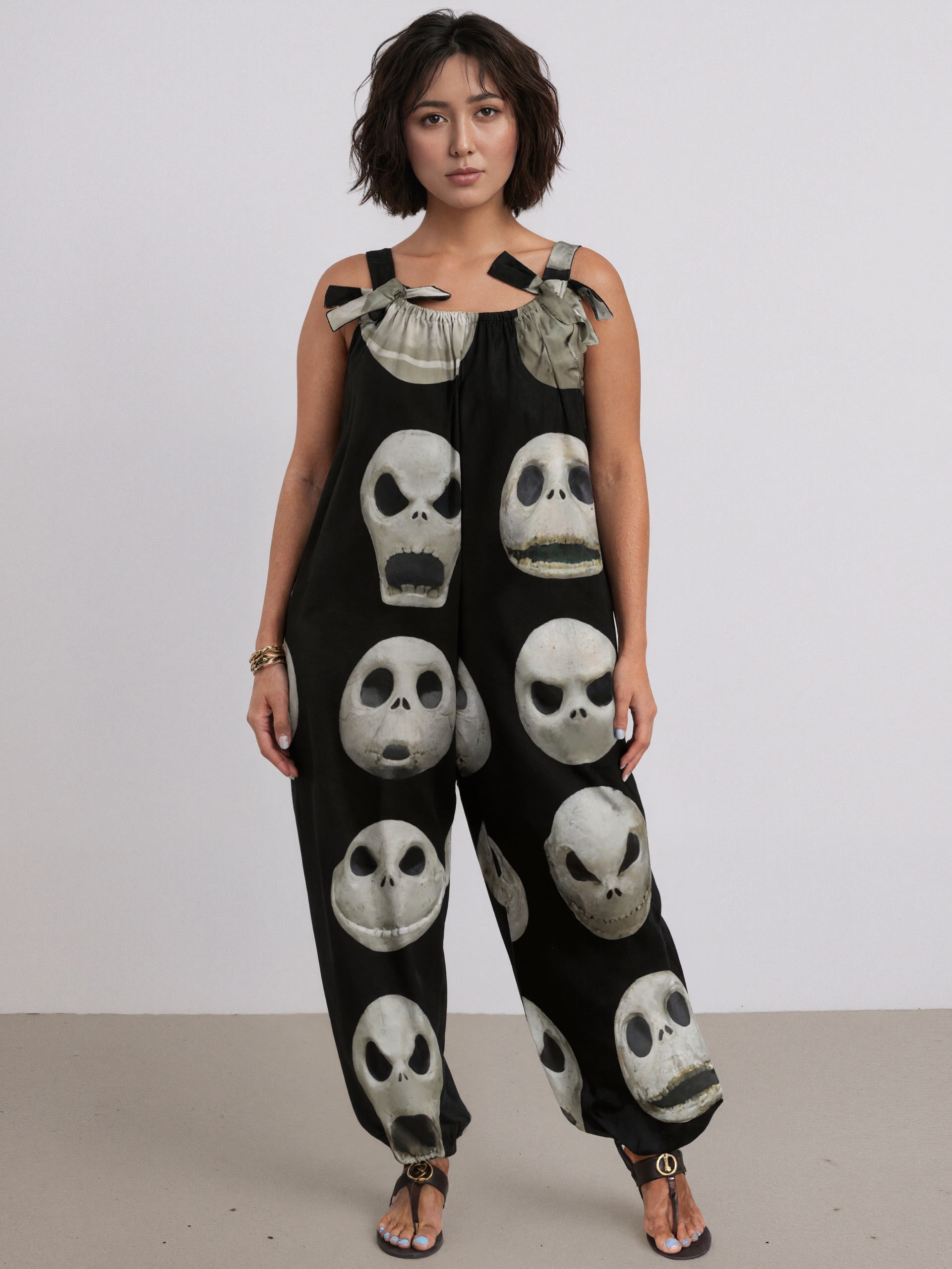 Women Many Faces Of Jack Skellington Print Loose Fit Baggy Harem Overall Jumpsuit Tie Spaghetti Strap Long Pants Rompers