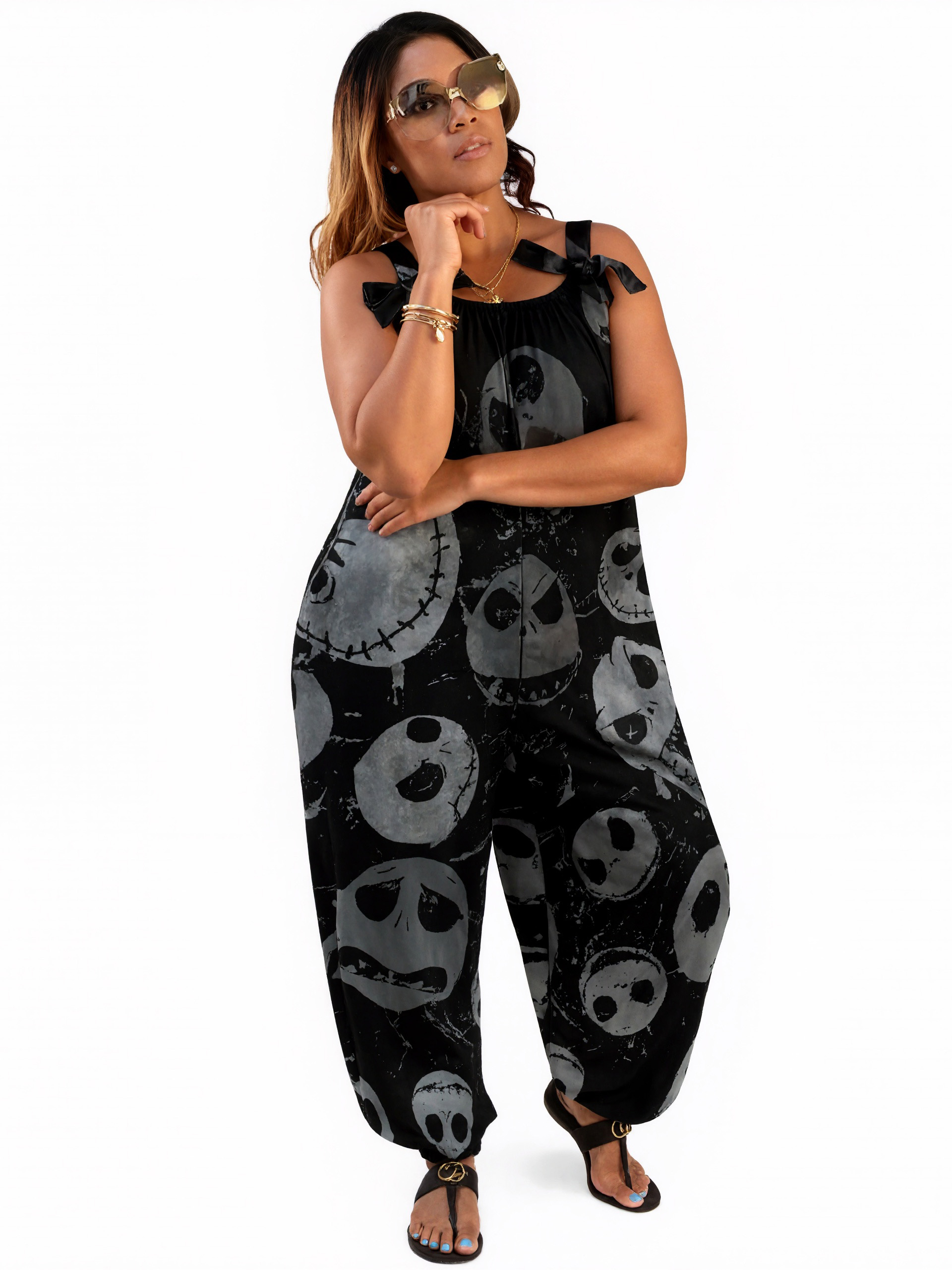 Women Halloween Jack Skellington Spooky Faces Print Loose Fit Baggy Harem Overall Jumpsuit Tie Spaghetti Strap Long Pants Rompers