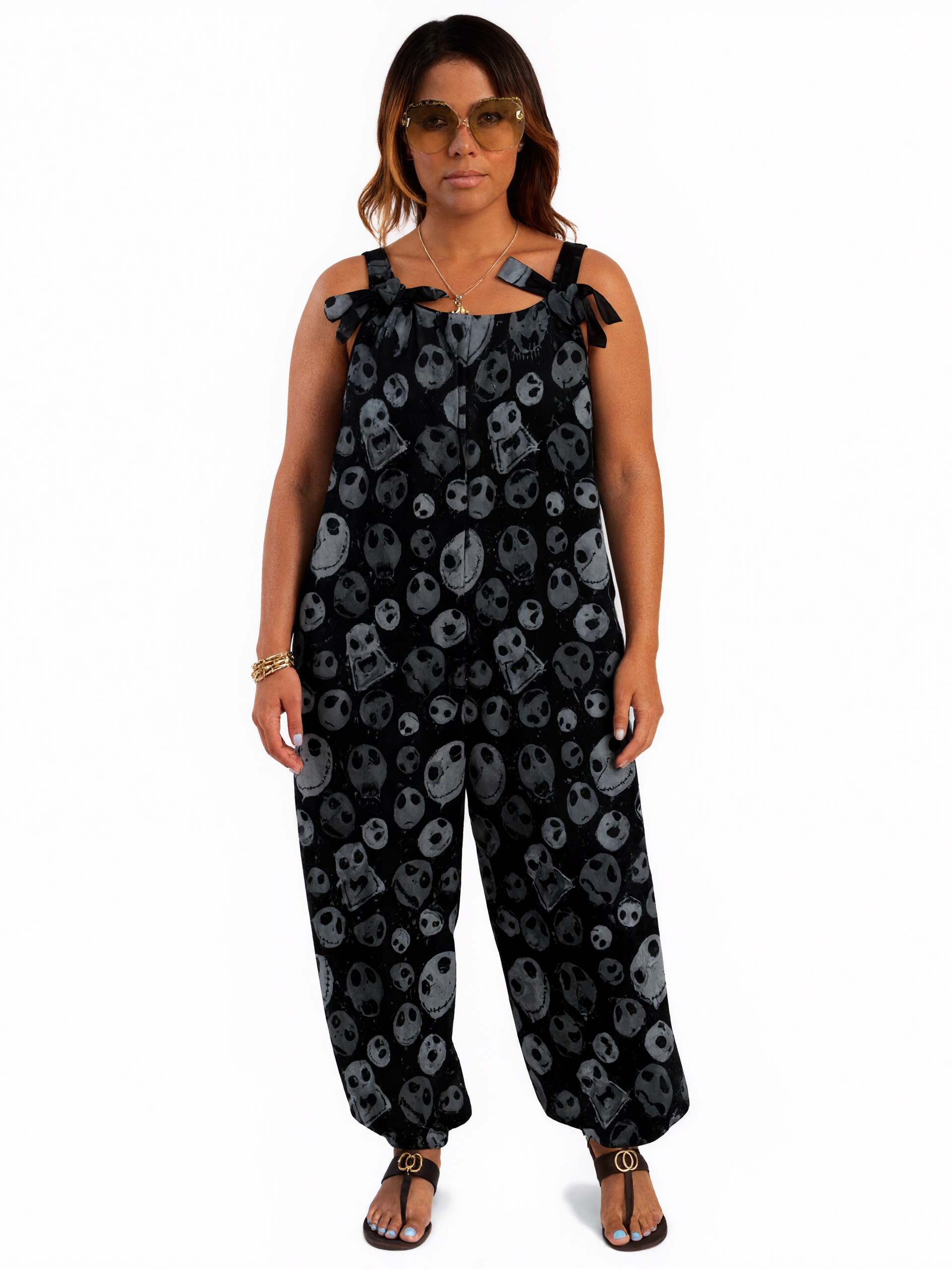 Women Jack Skellington Print Loose Fit Baggy Harem Overall Jumpsuit Tie Spaghetti Strap Casual Long Pants Rompers