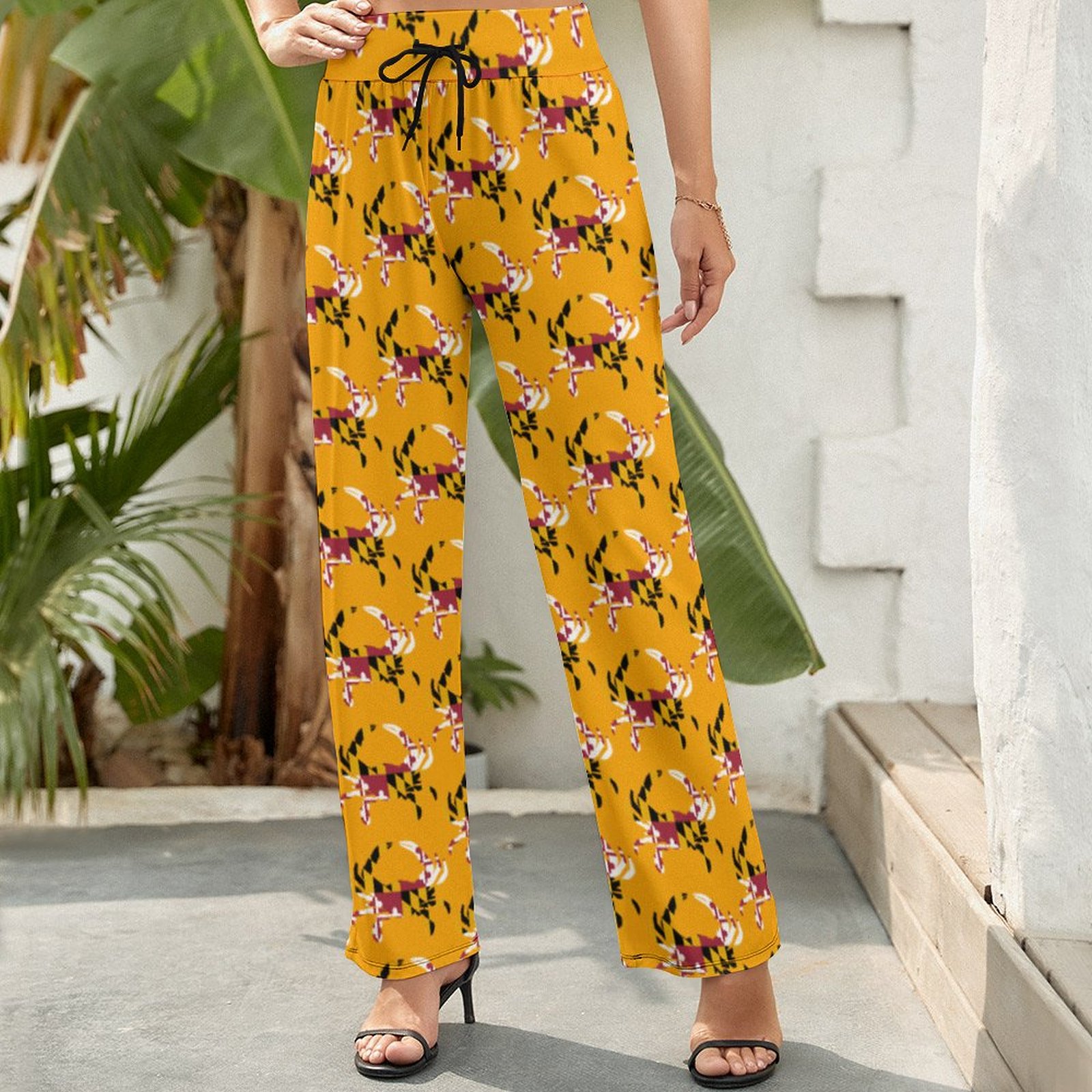 Summer Fall Maryland Flag Blue Crab Women's High Waist Wide Leg Long Palazzo Lounge Pants-Charlylifestyle