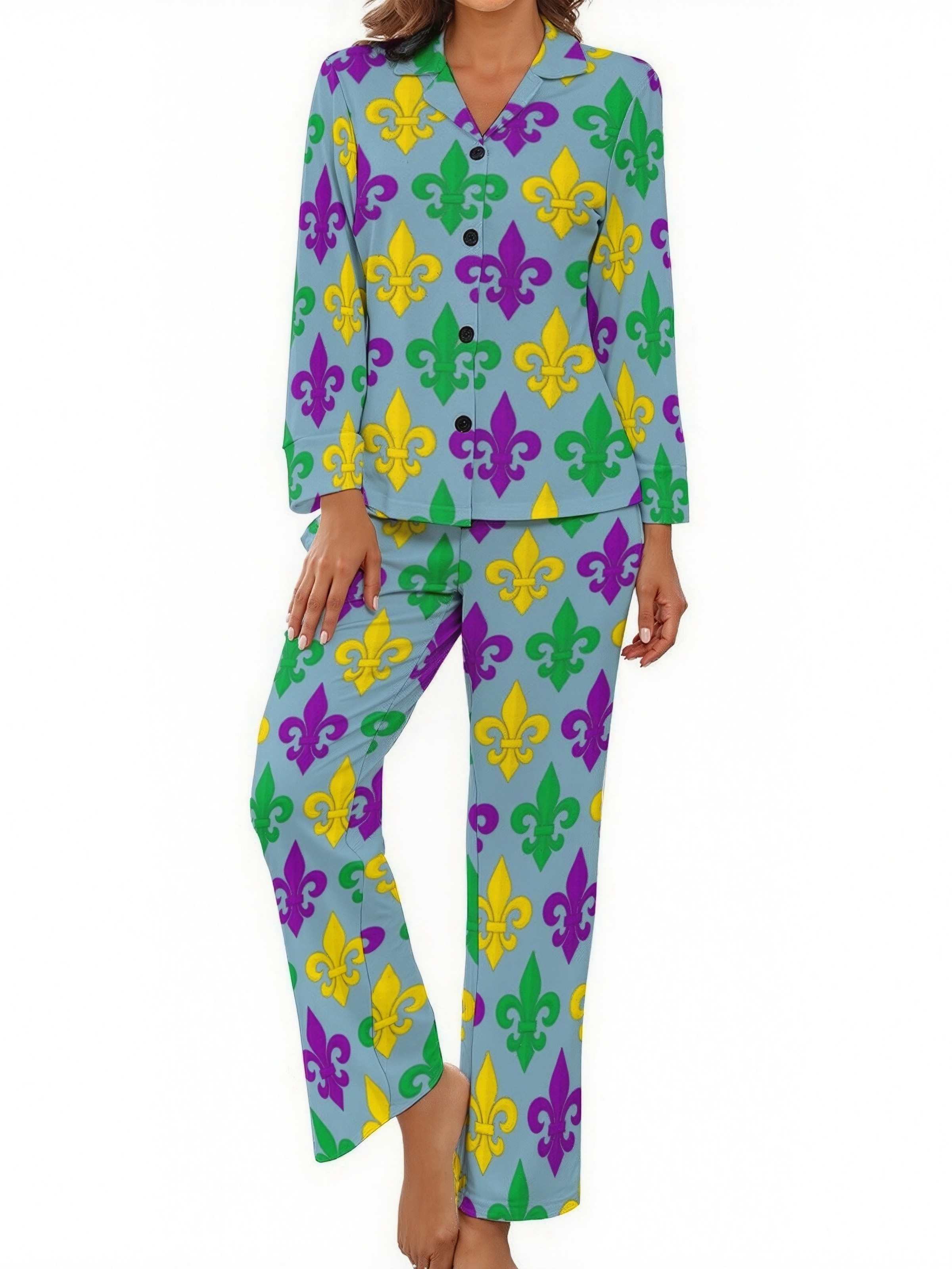Mardi Gras Green Gold Purple Fleur De Lis Women Long Sleeve Two Piece Sleepwear Loose Button Down Loungewear Pjs Set Nightwear