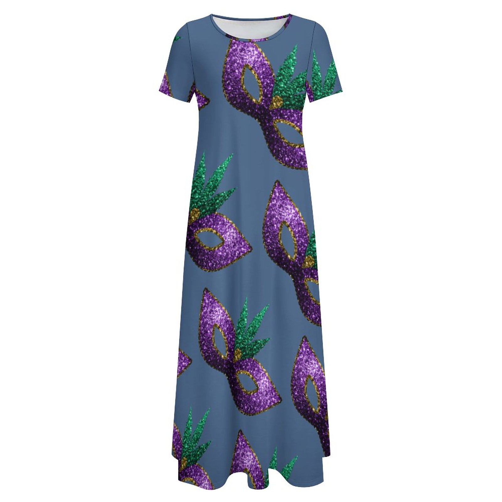 Mardi Gras Mask Purple Green Gold Sparkles Women Casual Short Sleeve Loose Plain Maxi Dresses Summer Boho Beach Long Maxi Tunic Dresses