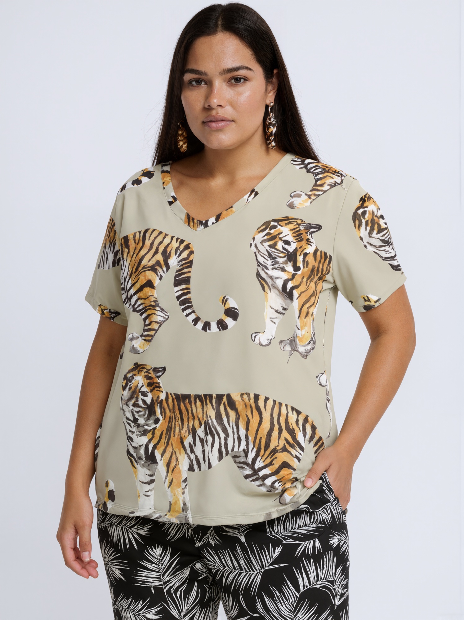 Modern Tropical Watercolor Tigers Wild Womens Summer Casual T Shirts Boho Full Print Short Sleeve Loose Hippie Tunic Tops