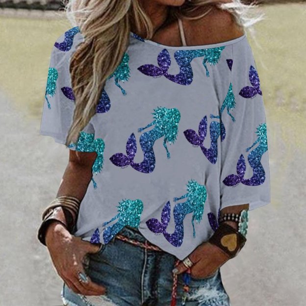 S-5XL Mermaid Aqua Blue Ombre Sparkles O Neck Batwing Half Sleeve Shirts Women Loose Street Blouse Print Tops-Charlylifestyle