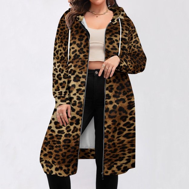 Leopard Spot Animal Print Zip Up Long Hoodie Jacket Coat Women Tunic Sweatshirt Loose Plus Size Open Front Cardigan Outfits