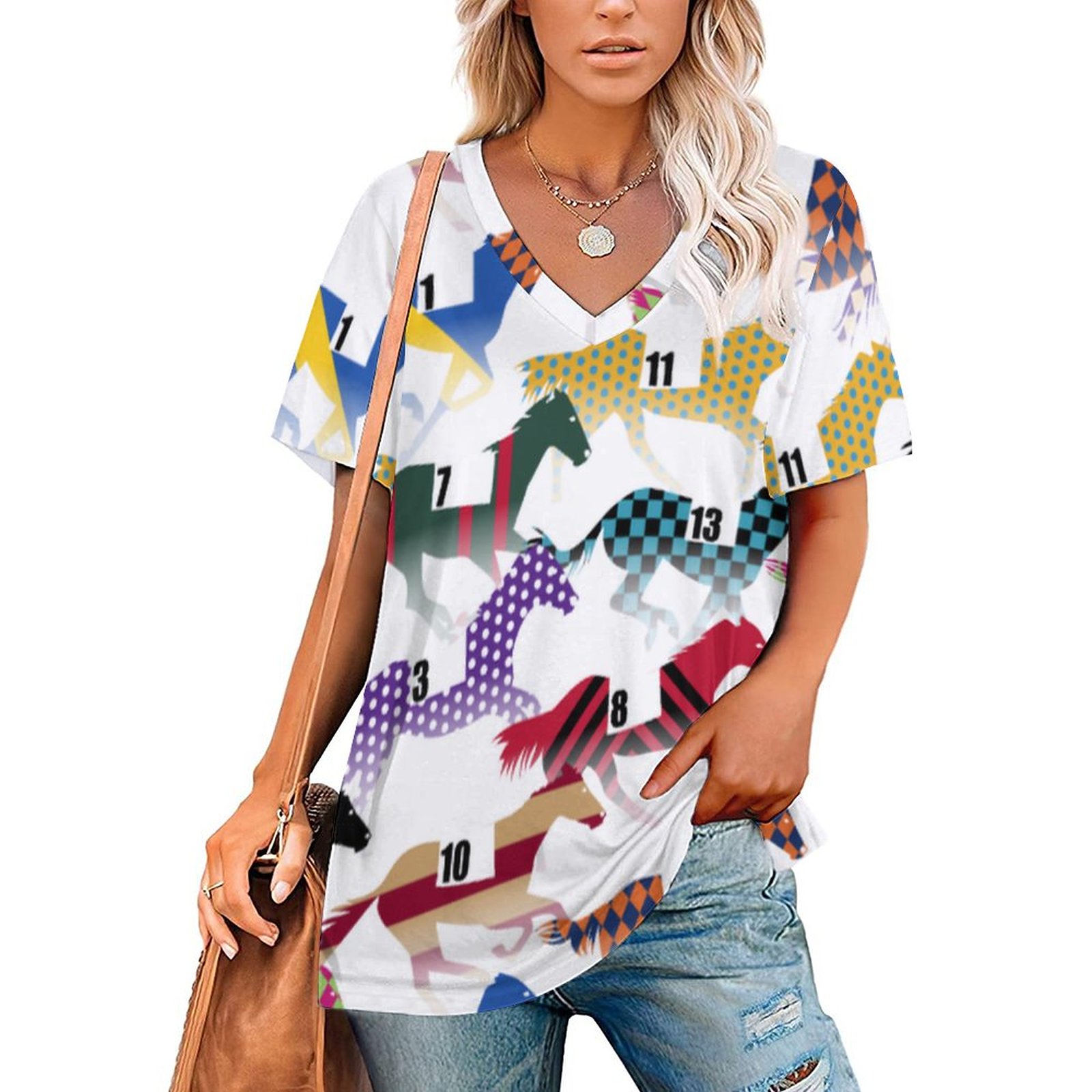 Off To The Horse Races Jockey Silk Womens Summer Casual T Shirts Boho Full Print Short Sleeve Loose Hippie Tunic Tops-Charlylifestyle