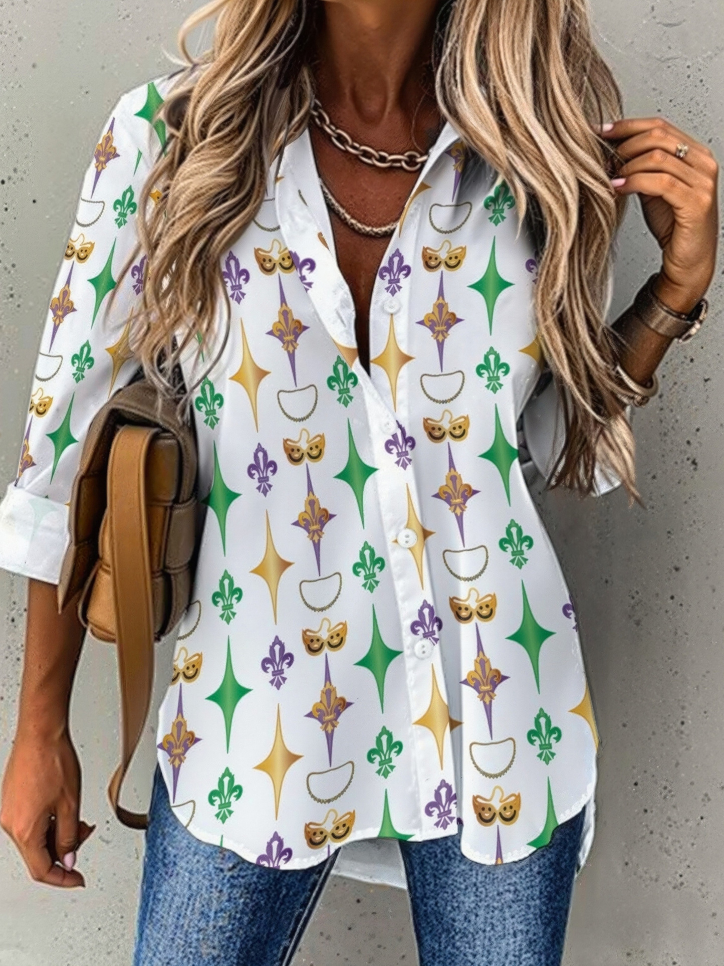 Mardi Gras Festival Harlequins Fleurdelis Button Down V Neck Shirts Long Sleeve Blouse Roll Up Cuffed Sleeve Casual Shirt Tops