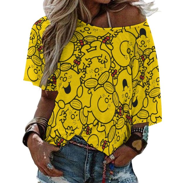 Little Miss Sunshine Fun Yellow Smiles 3/4 Bell Sleeve T-Shirt Elbow Length Basic Tunics Tops for Women-Charlylifestyle