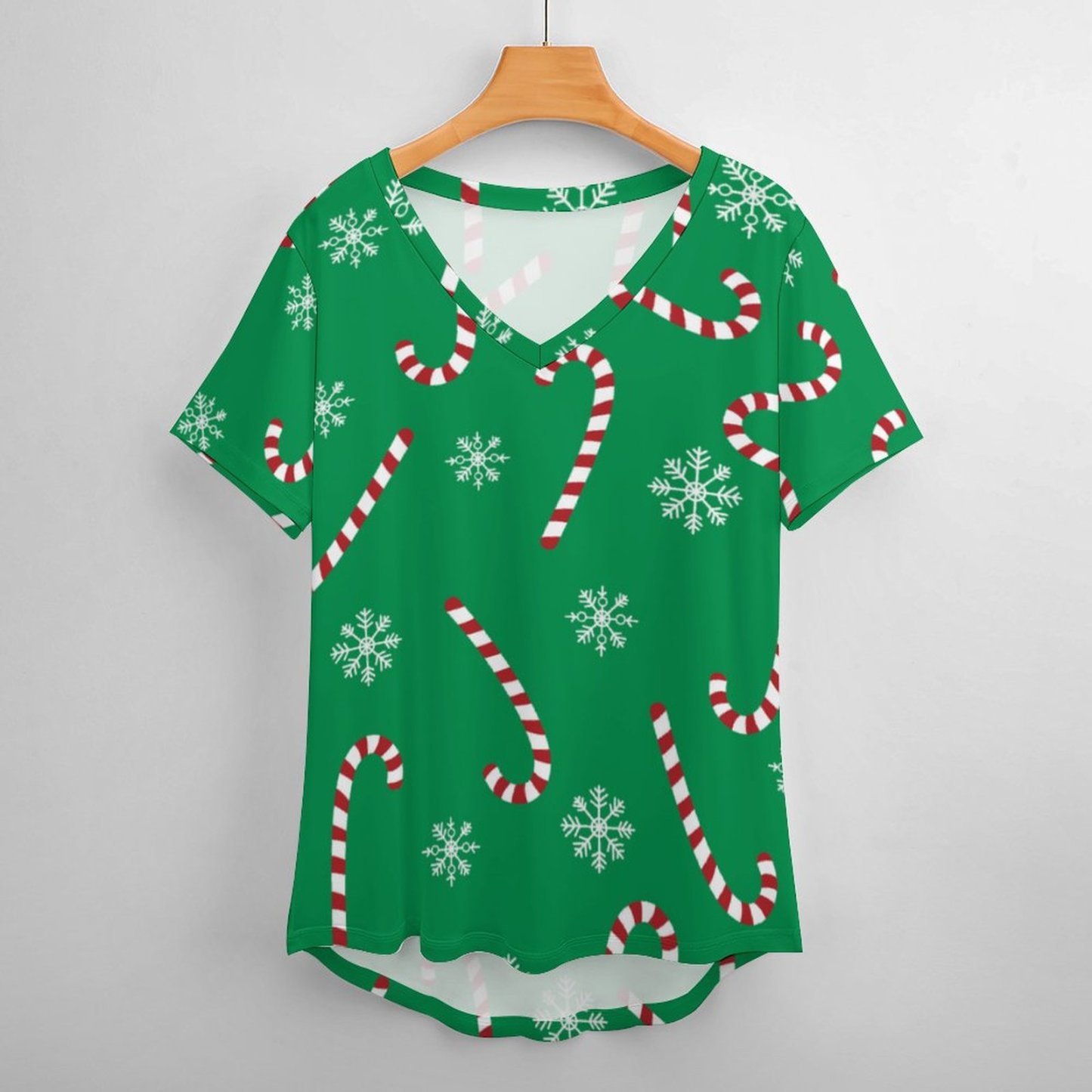 Modern Christmas Holiday Candy Cane Snow Women T Shirts Basic V-Neck Tee Loose Vintage Fitting Oversize Short Sleeve Tops-Charlylifestyle