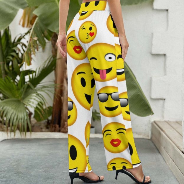 Funny Vintage Mixed Emoji Printed Women Casual Elastic Waist Wide Leg Pants Trousers-Charlylifestyle