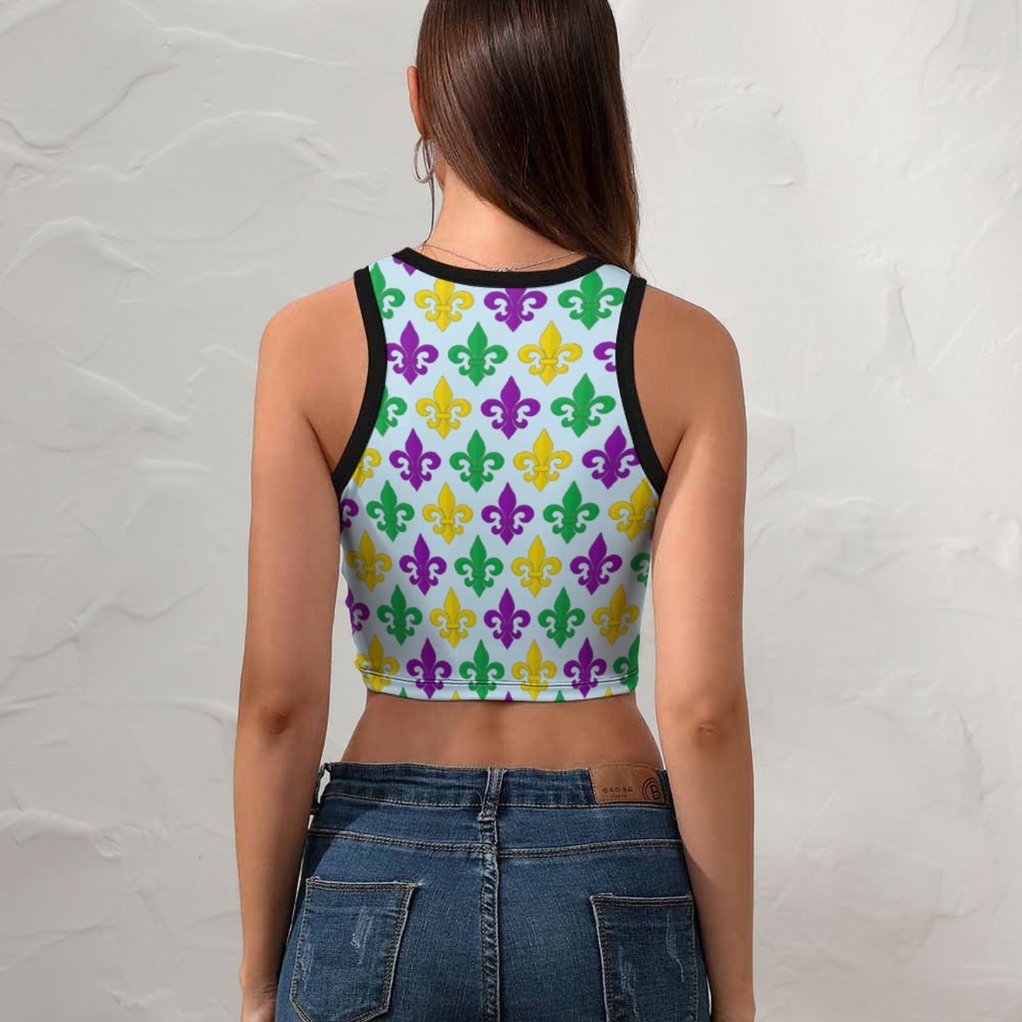 Women Summer Mardi Gras Green Gold Purple Fleur De Lis Crew Neck Crop Tank Basic Sleeveless Graphic Tee Tops-Charlylifestyle