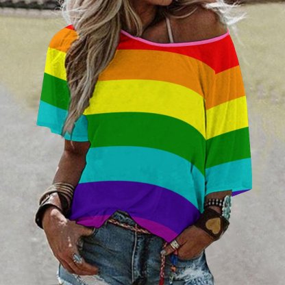 Summer Lgbt Rainbow Flag Original 8 Stripes 3/4 Bell Sleeve T-Shirt Elbow Length Basic Tunics Tops for Women-Charlylifestyle