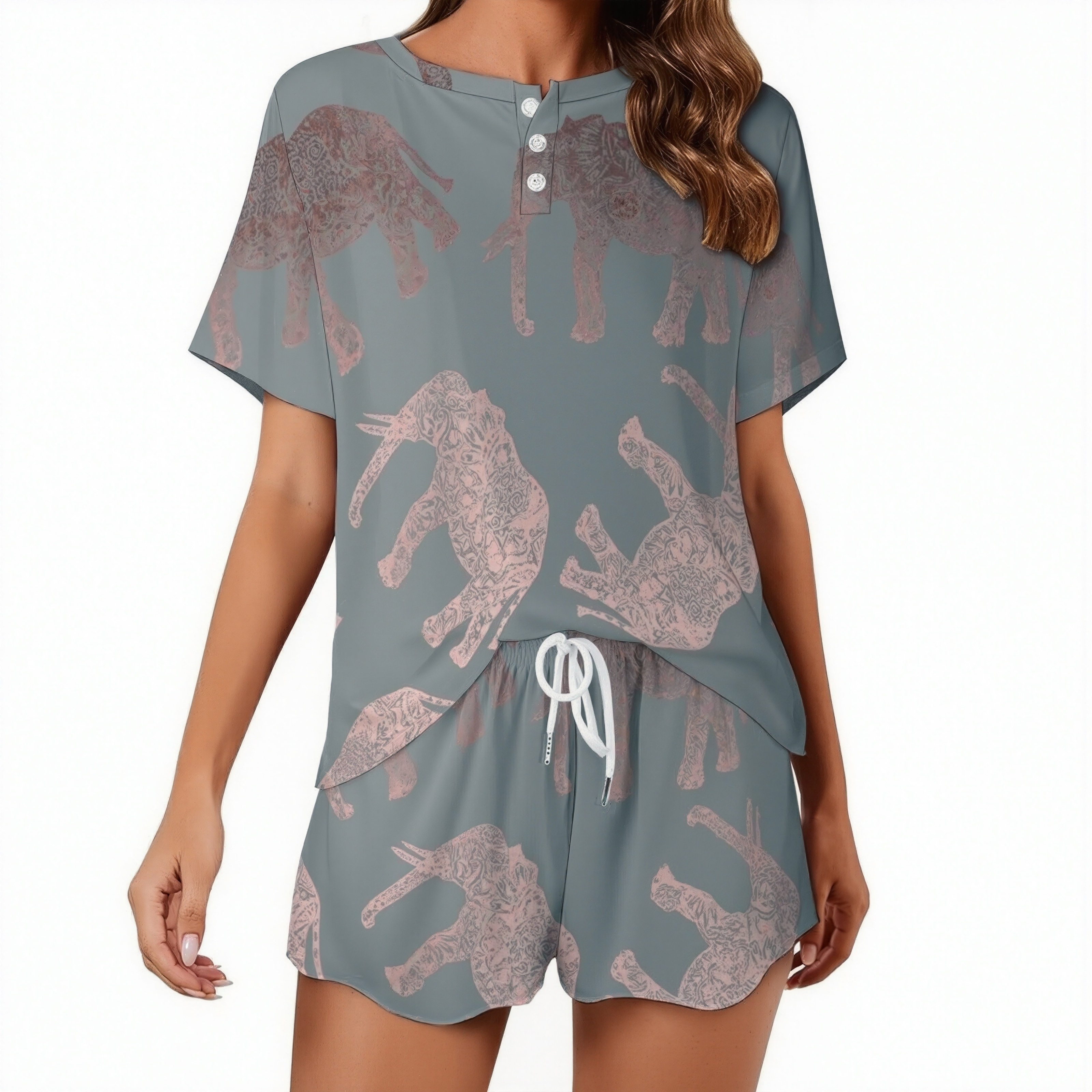 Modern Rose Gold Grey Elephant Women Short Sleeve Tops and Shorts Pajama Sets Casual Two Piece Sleepwear Plus Size Pj Sets