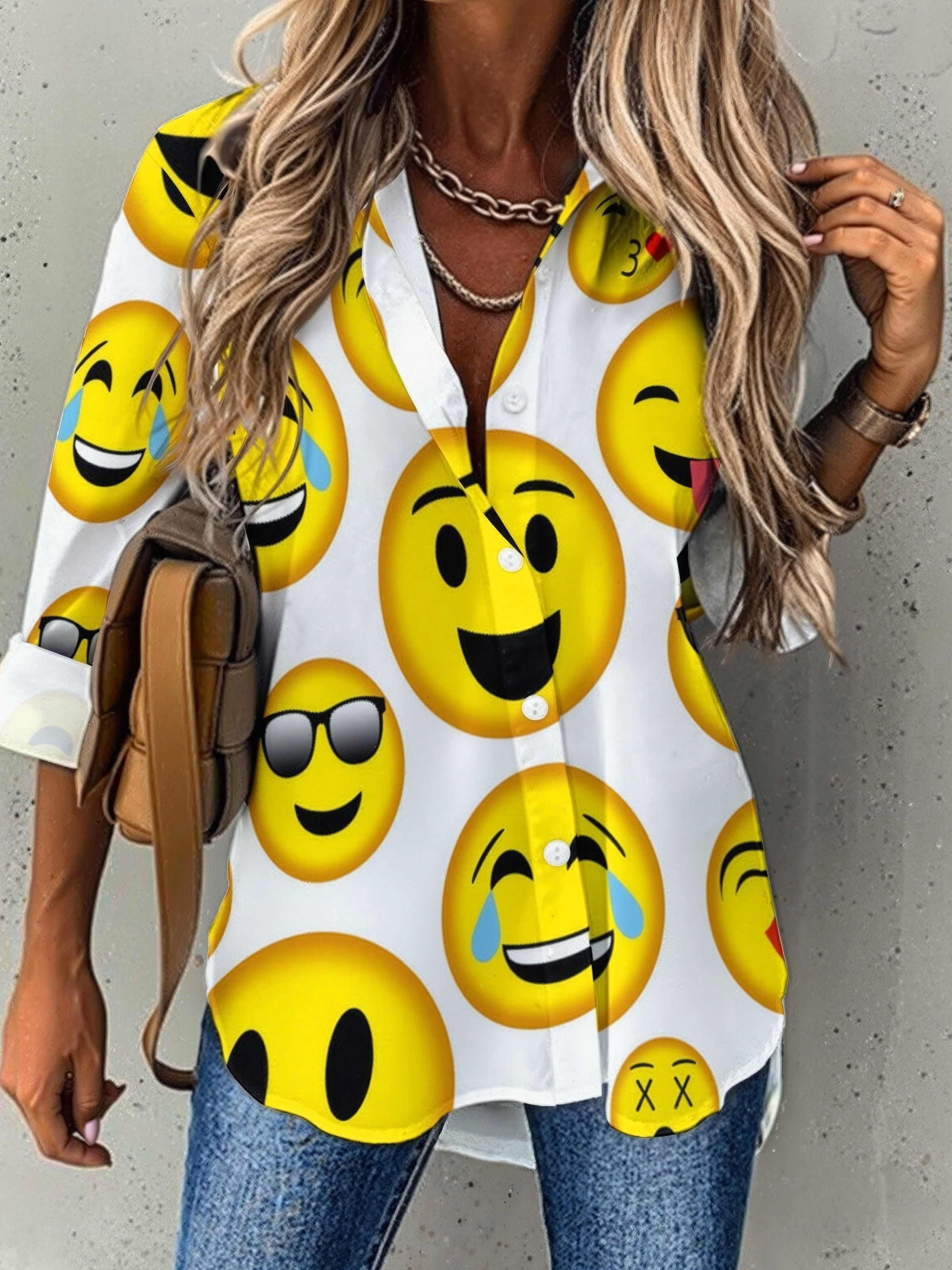 Funny Vintage Mixed Emoji Button Down V Neck Shirts Long Sleeve Blouse Roll Up Cuffed Sleeve Casual Shirt Tops