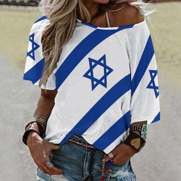 S-5XL Summer Israelian Flag Of Israel 3/4 Bell Sleeve T-Shirt Elbow Length Basic hippie Tunics Tops for Women-Charlylifestyle