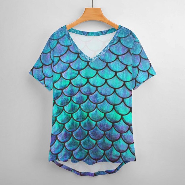 Personalized Mermaid Fish Scale Full Print T Shirts - Custom WomenShort Sleeve Loose Hippie Tunic Tops