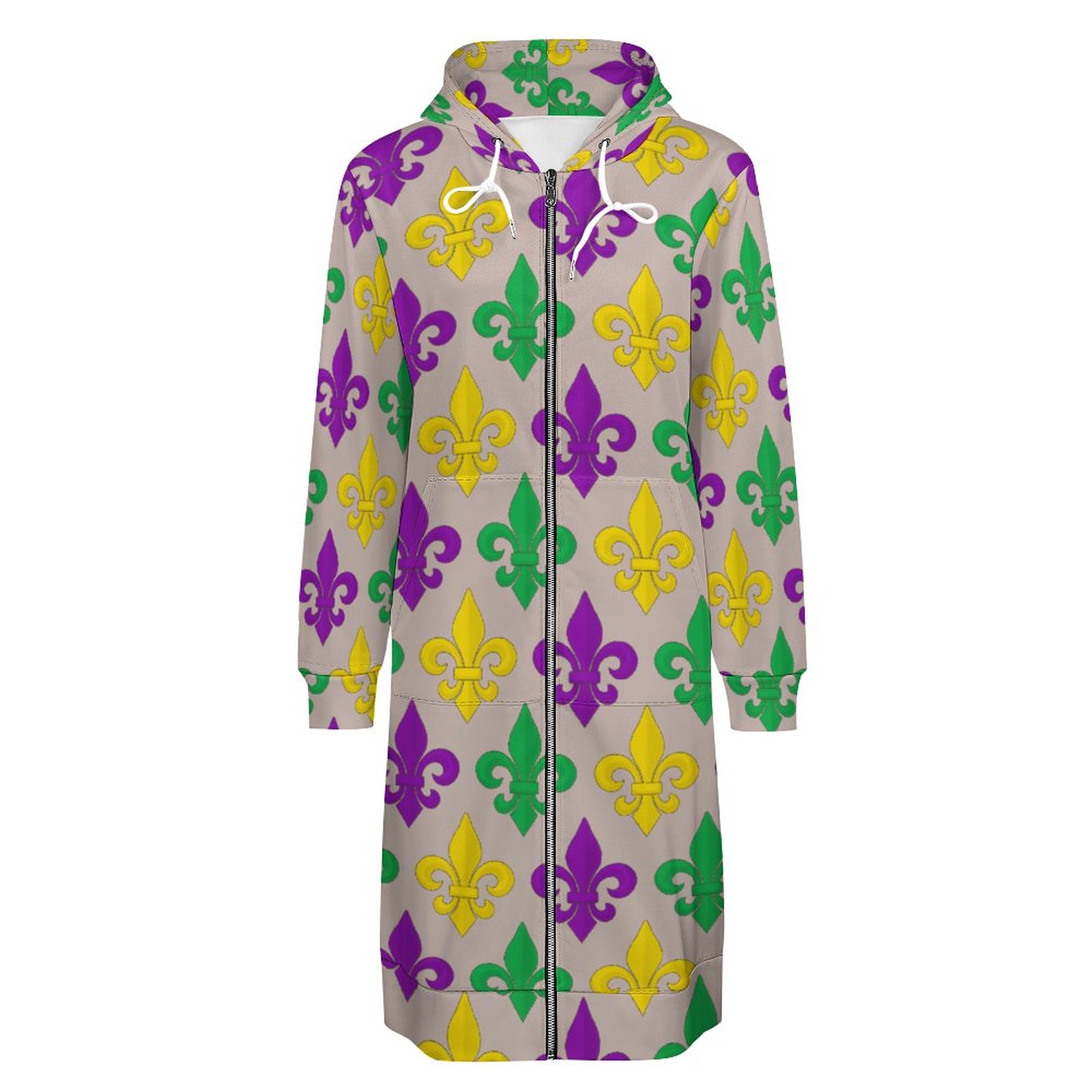 Mardi Gras Green Gold Purple Fleur De Lis Zip Up Long Hoodie Jacket Women Tunic Sweatshirt Plus Size Open Front Cardigan Outfits