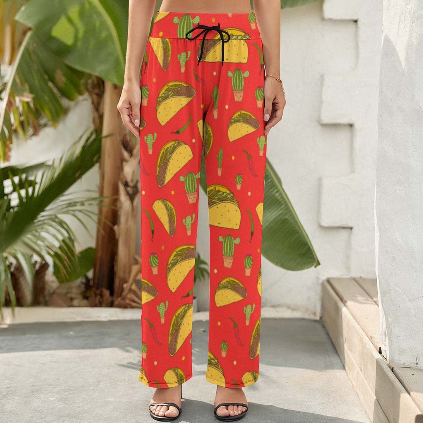 Mexican Tacos Chillies Printed Women's High Waist Wide Leg Long Palazzo Lounge Pants-Charlylifestyle