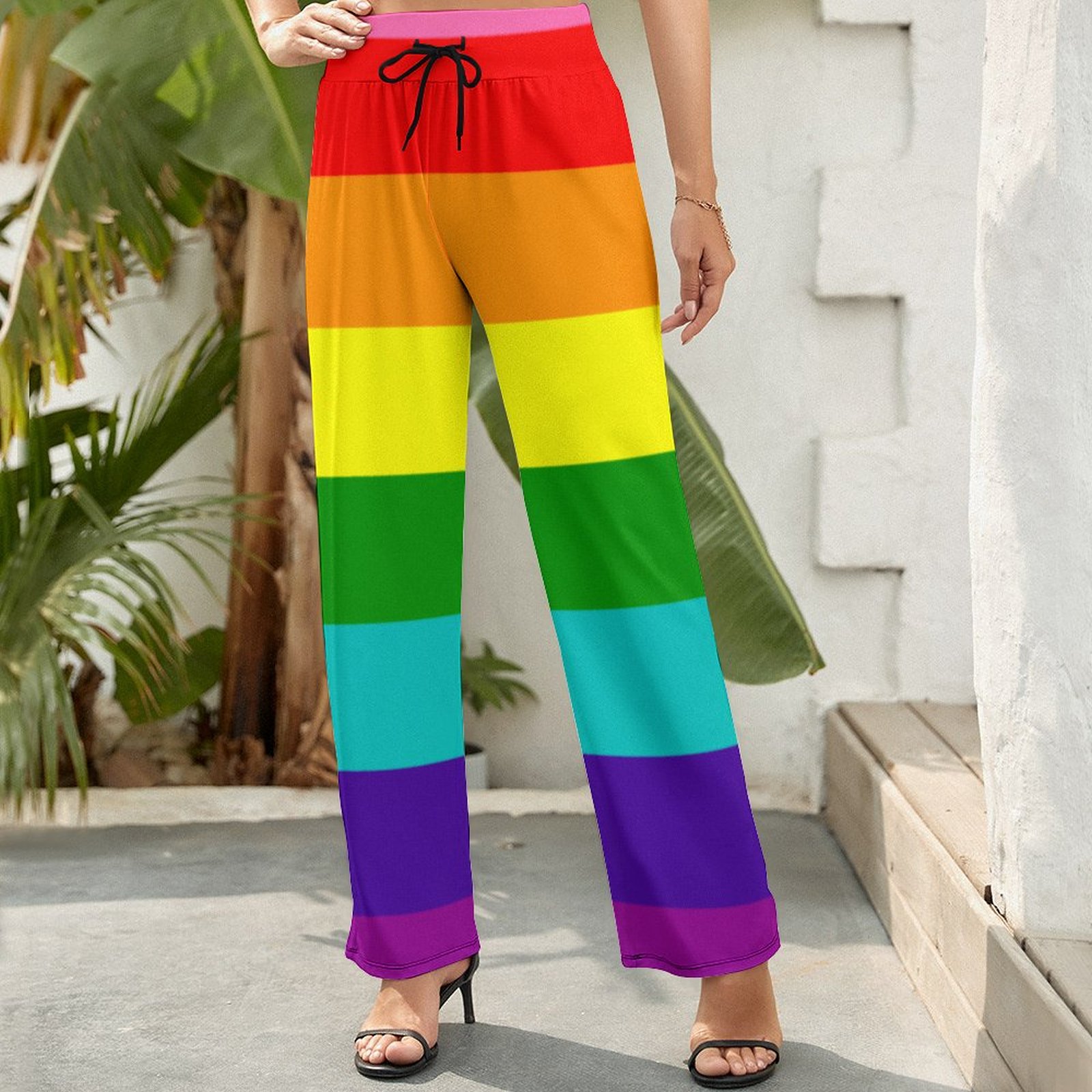 S-2XL Lgbt Rainbow Flag Original 8 Stripes Women's High Waist Wide Leg Long Palazzo Lounge Pants-Charlylifestyle