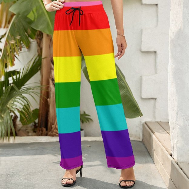 S-2XL Lgbt Rainbow Flag Original 8 Stripes Women's High Waist Wide Leg Long Palazzo Lounge Pants-Charlylifestyle