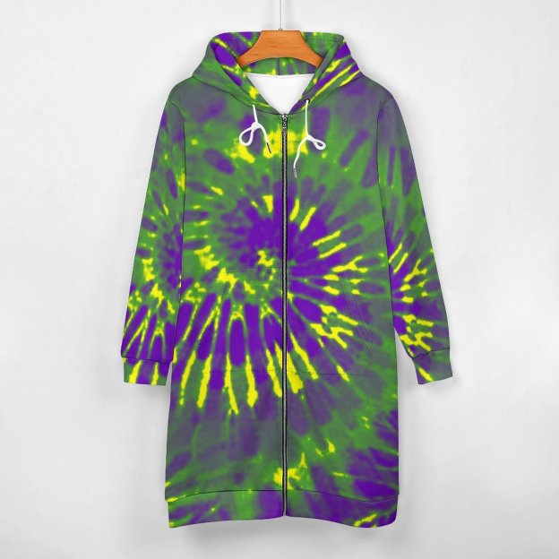 Mardi Gras Tie Dye Zip Up Long Hoodie Jacket Coat Women Tunic Sweatshirt Loose Plus Size Open Front Cardigan Outfits