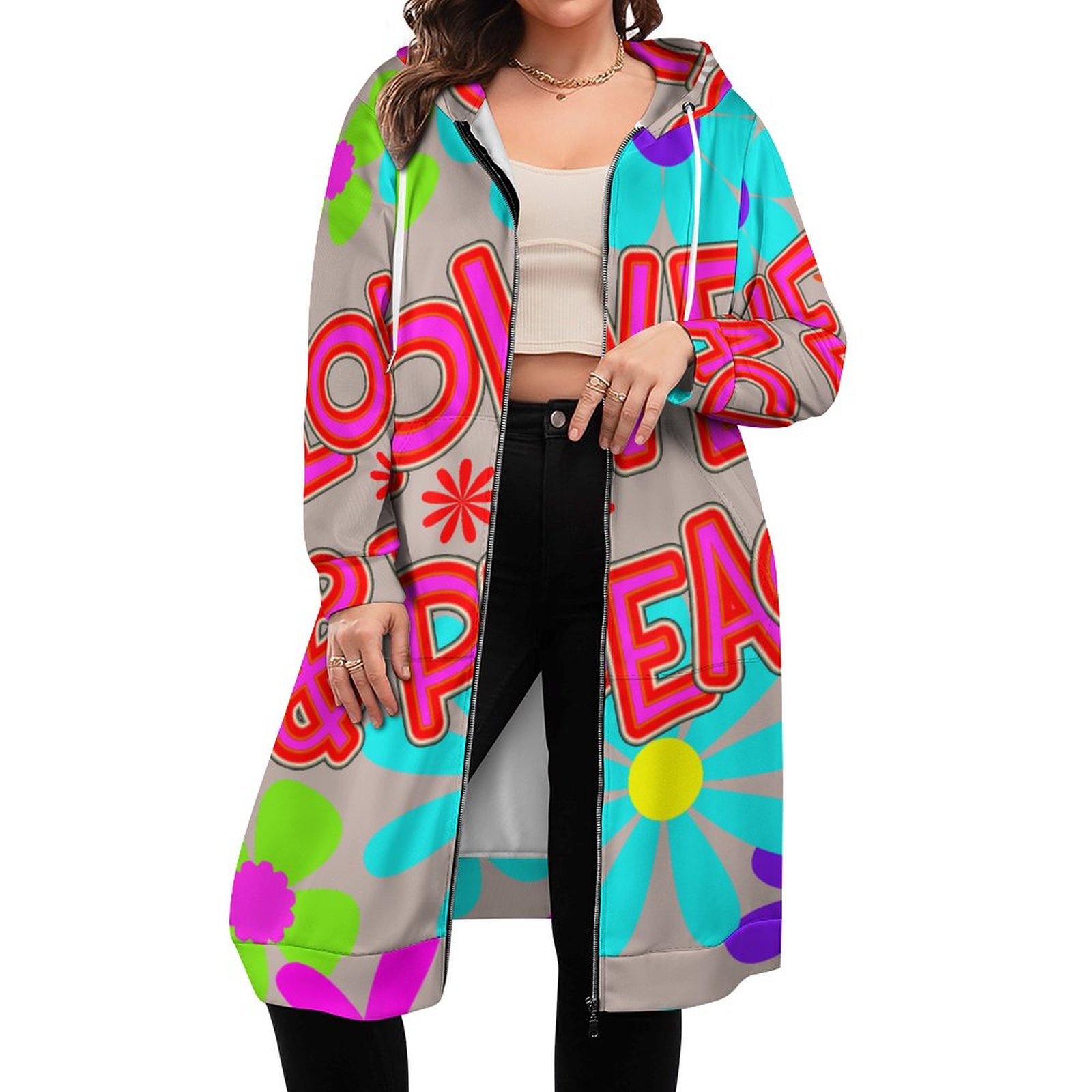 Love Peace Hippie Flower Power Zip Up Long Hoodie Jacket Coat Women Tunic Sweatshirt Plus Size Open Front Cardigan Outfits