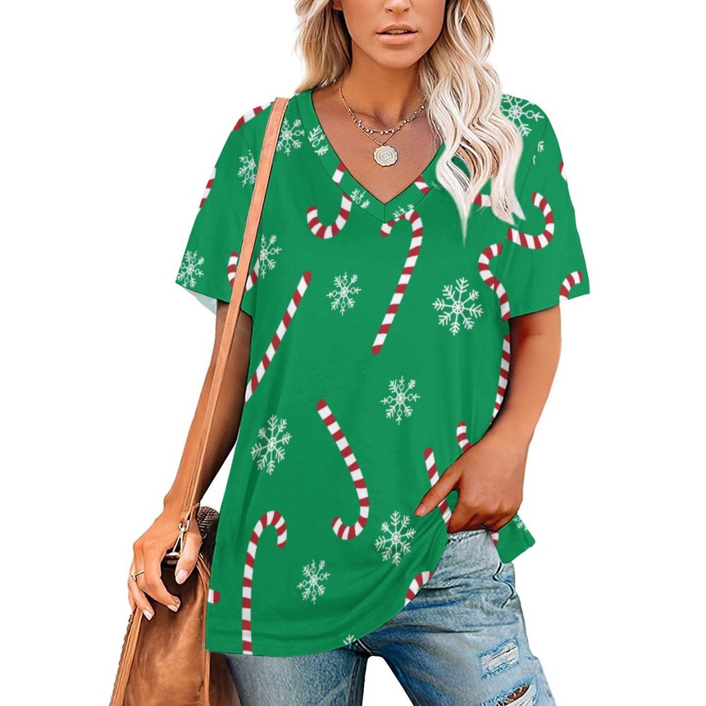 Modern Christmas Holiday Candy Cane Snow Women T Shirts Basic V-Neck Tee Loose Vintage Fitting Oversize Short Sleeve Tops-Charlylifestyle