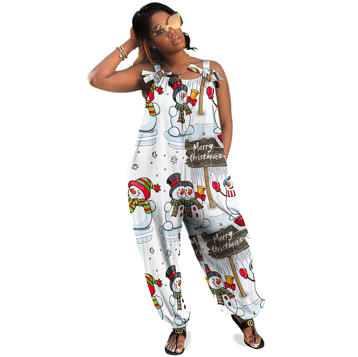 Personalized Women Merry Christmas Snowman Santa Hat Baggy Harem Overall Jumpsuit
