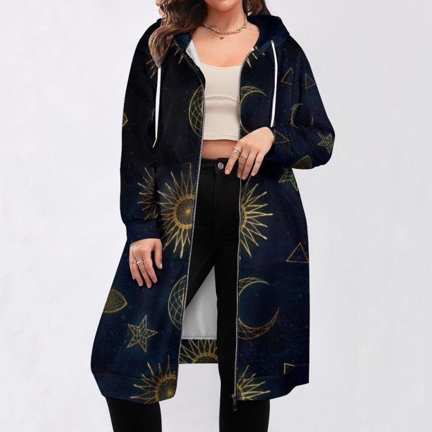 Magical Gold Moon Sun Stars Dark Blue Zip Up Long Hoodie Jacket Women Tunic Sweatshirt Plus Size Open Front Cardigan Outfits
