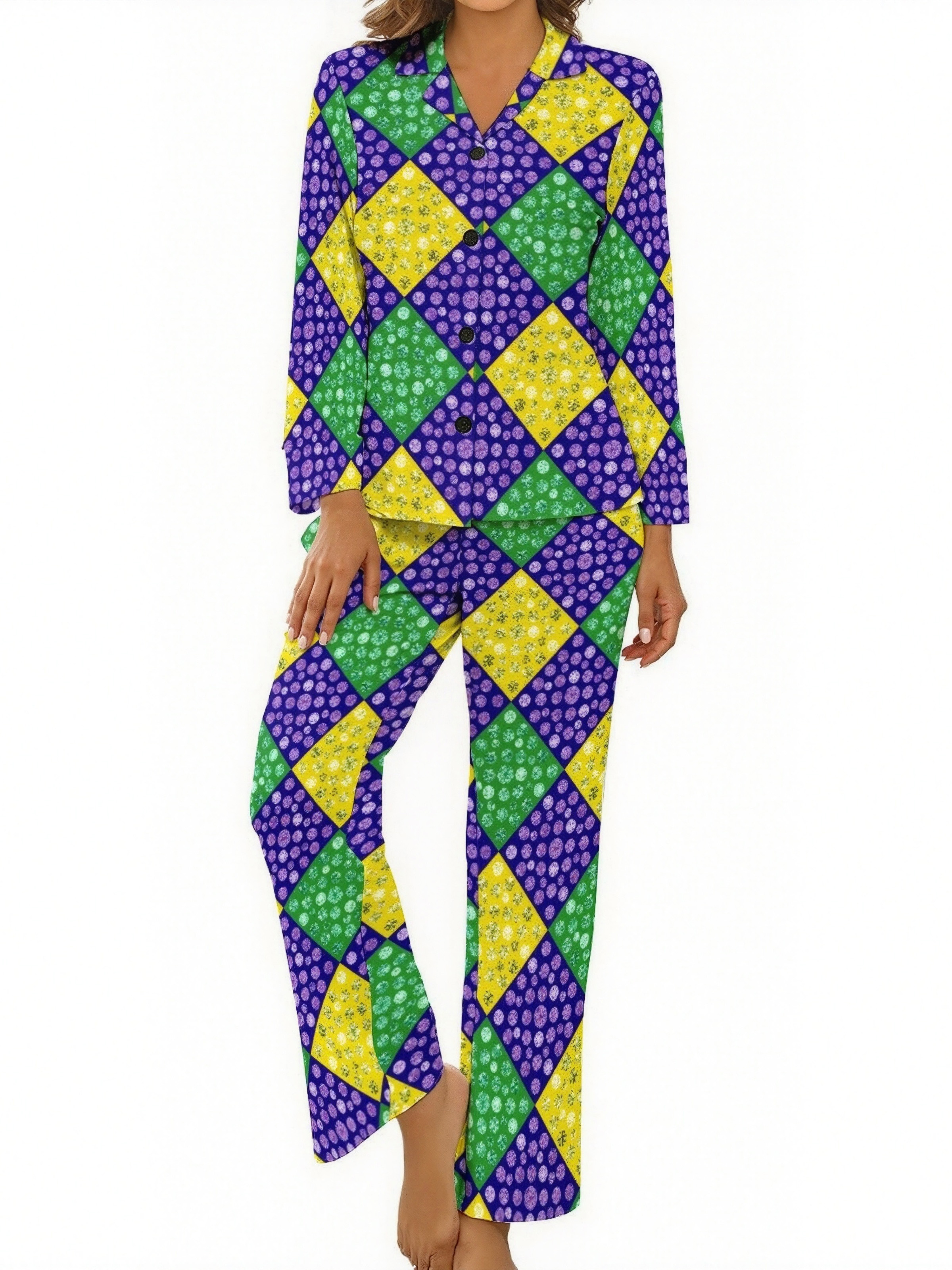Mardi Gras Harlequin Diamond Carnival Women Long Sleeve Two Piece Sleepwear Soft Button Down Loungewear Pjs Set Nightwear