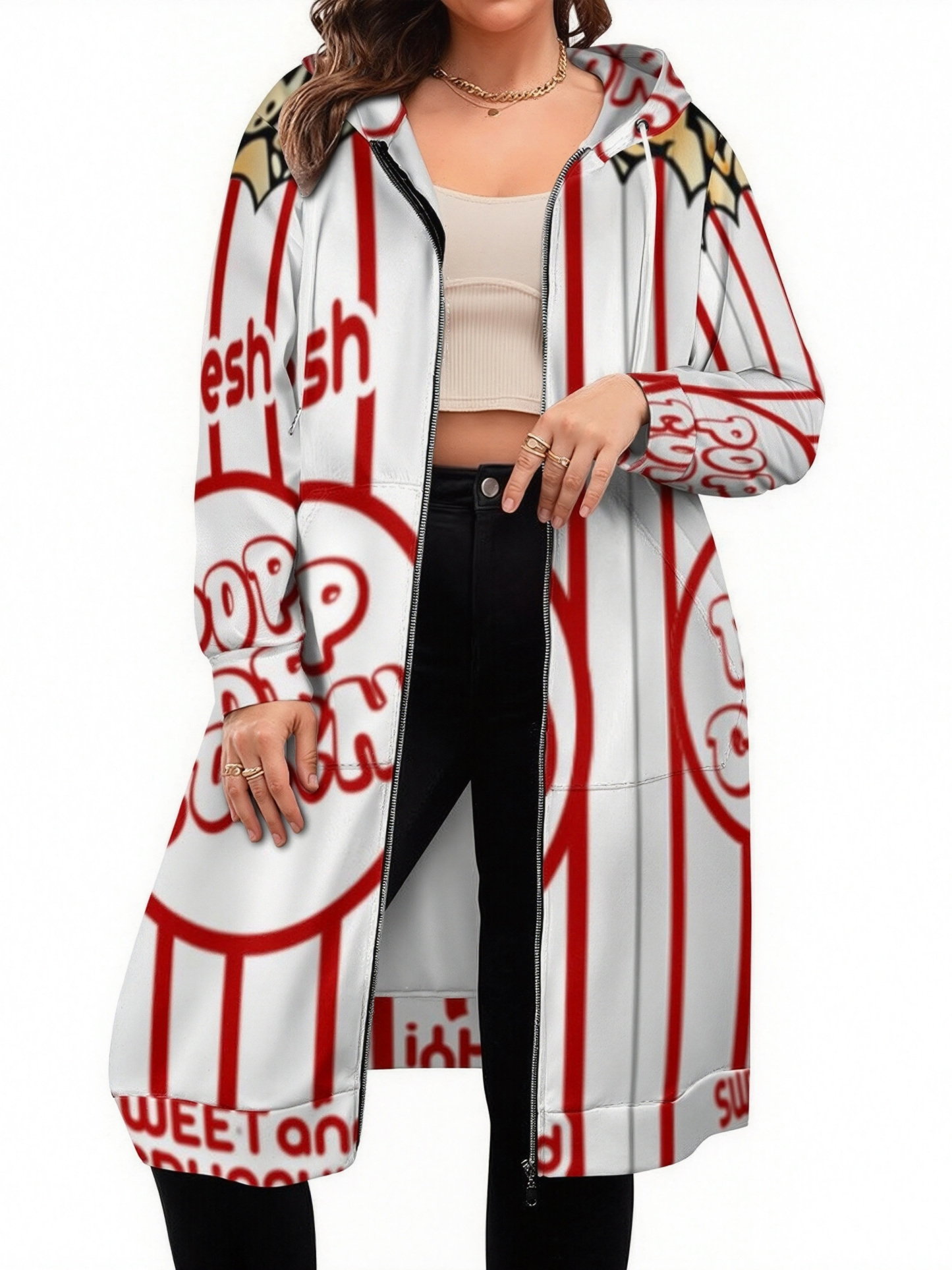 Funny Movie Popcorn Pattern Zip Up Long Hoodie Jacket Coat Women Tunic Sweatshirt Plus Size Open Front Cardigan Outfits
