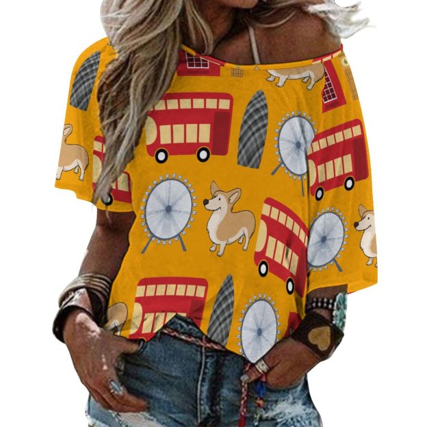 S-5XL London Icon And Corgi Collage O Neck Batwing Half Sleeve Shirts Women Loose Blouse Print Tops-Charlylifestyle