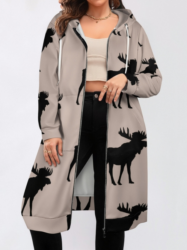 Funny Moose Silhouette Pattern Zip Up Long Hoodie Jacket Coat Women Tunic Sweatshirt Plus Size Open Front Cardigan Outfits