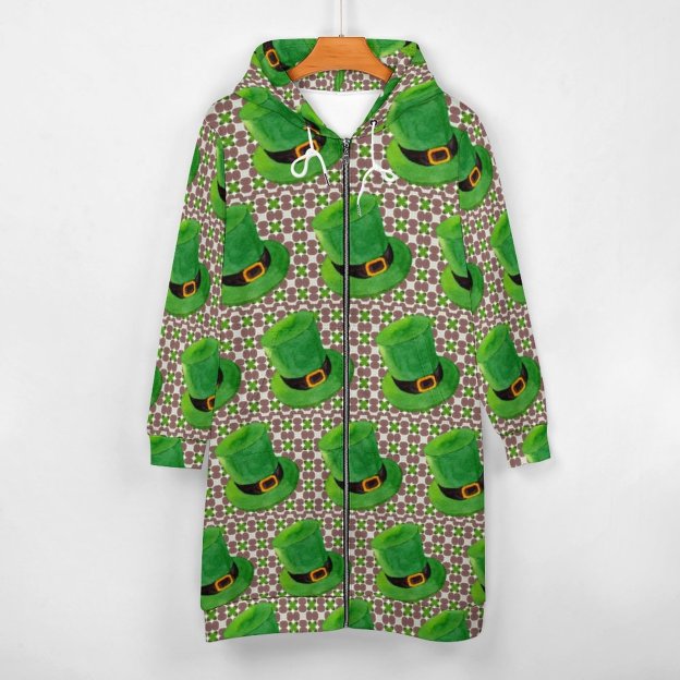 Leprechaun Hat St Patricks Day Irish Green Zip Up Long Hoodie Jacket Women Tunic Sweatshirt Plus Size Open Front Cardigan Outfits