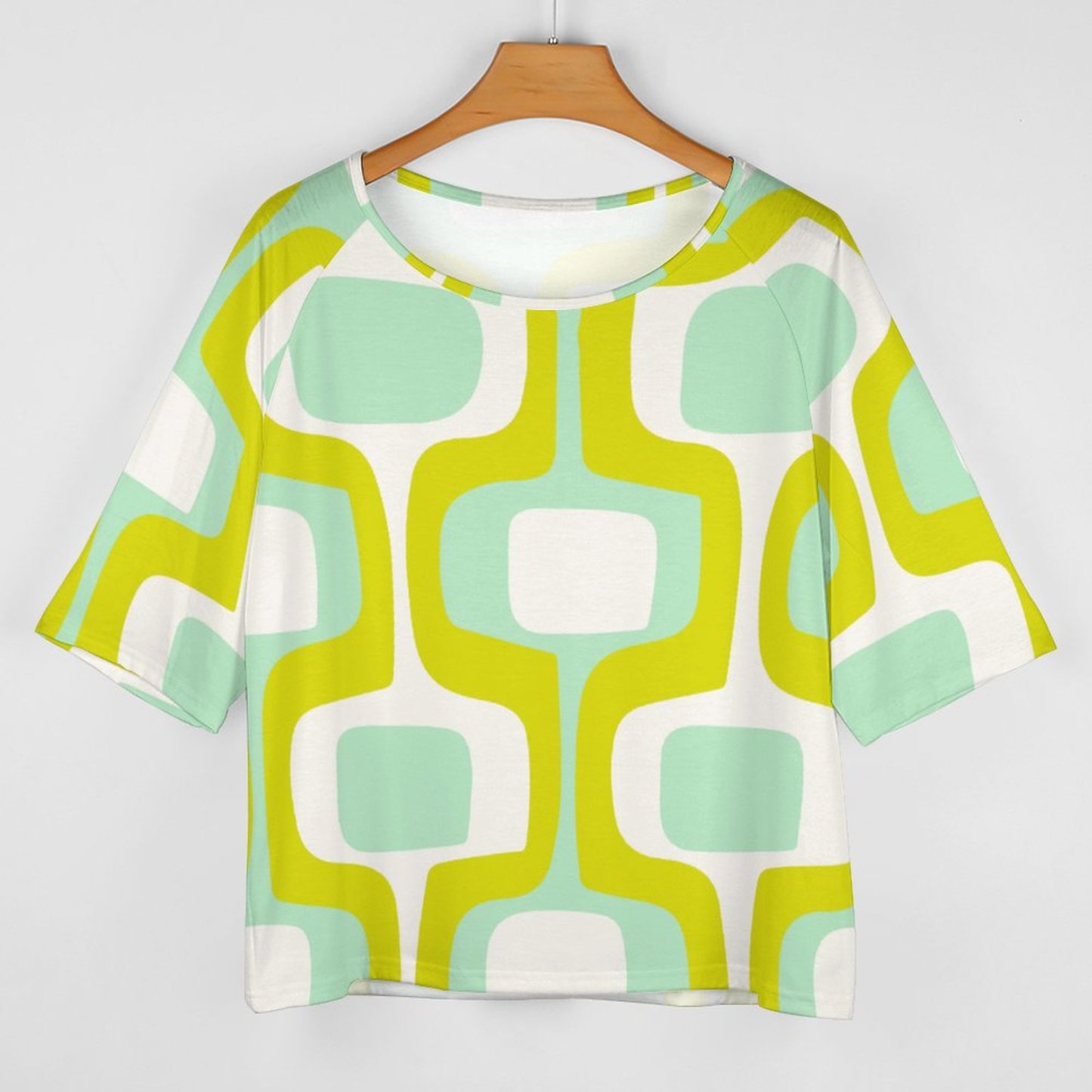 Mint And Chartreuse Mid Century Modern 3/4 Bell Sleeve T-Shirt Elbow Length Basic Tunics Tops for Women-Charlylifestyle