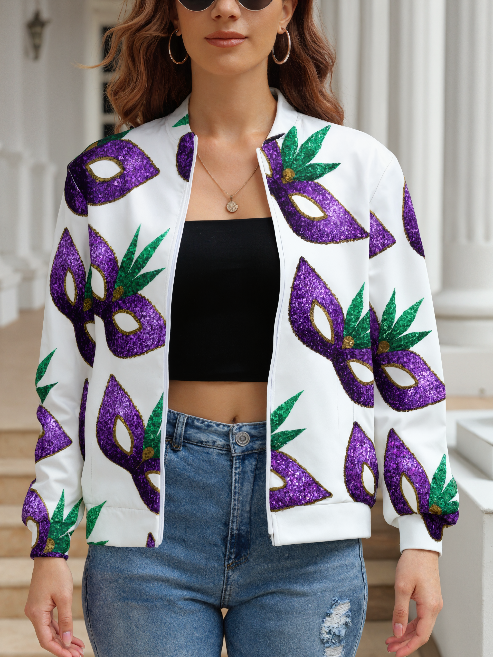 Mardi Gras Mask Purple Green Gold Sparkles Women boyfriend Zip Up Bomber Jacket Long Sleeve Open Front Cardigan Tops