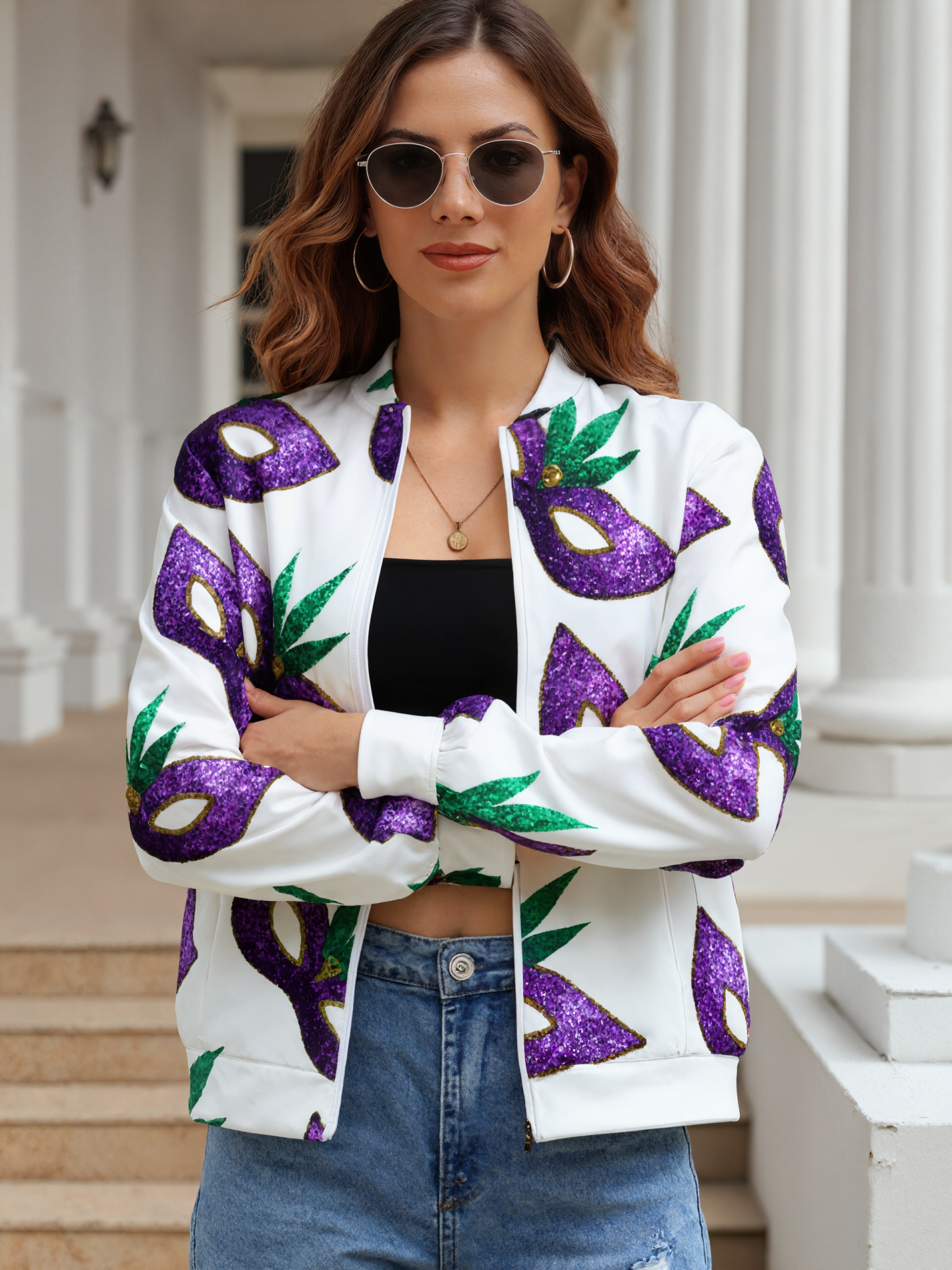 Mardi Gras Mask Purple Green Gold Sparkles Women boyfriend Zip Up Bomber Jacket Long Sleeve Open Front Cardigan Tops