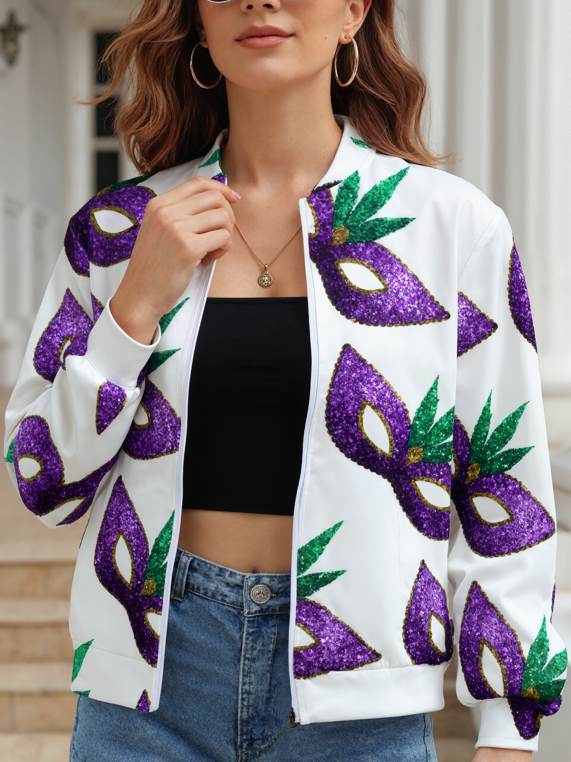 Mardi Gras Mask Purple Green Gold Sparkles Women boyfriend Zip Up Bomber Jacket Long Sleeve Open Front Cardigan Tops