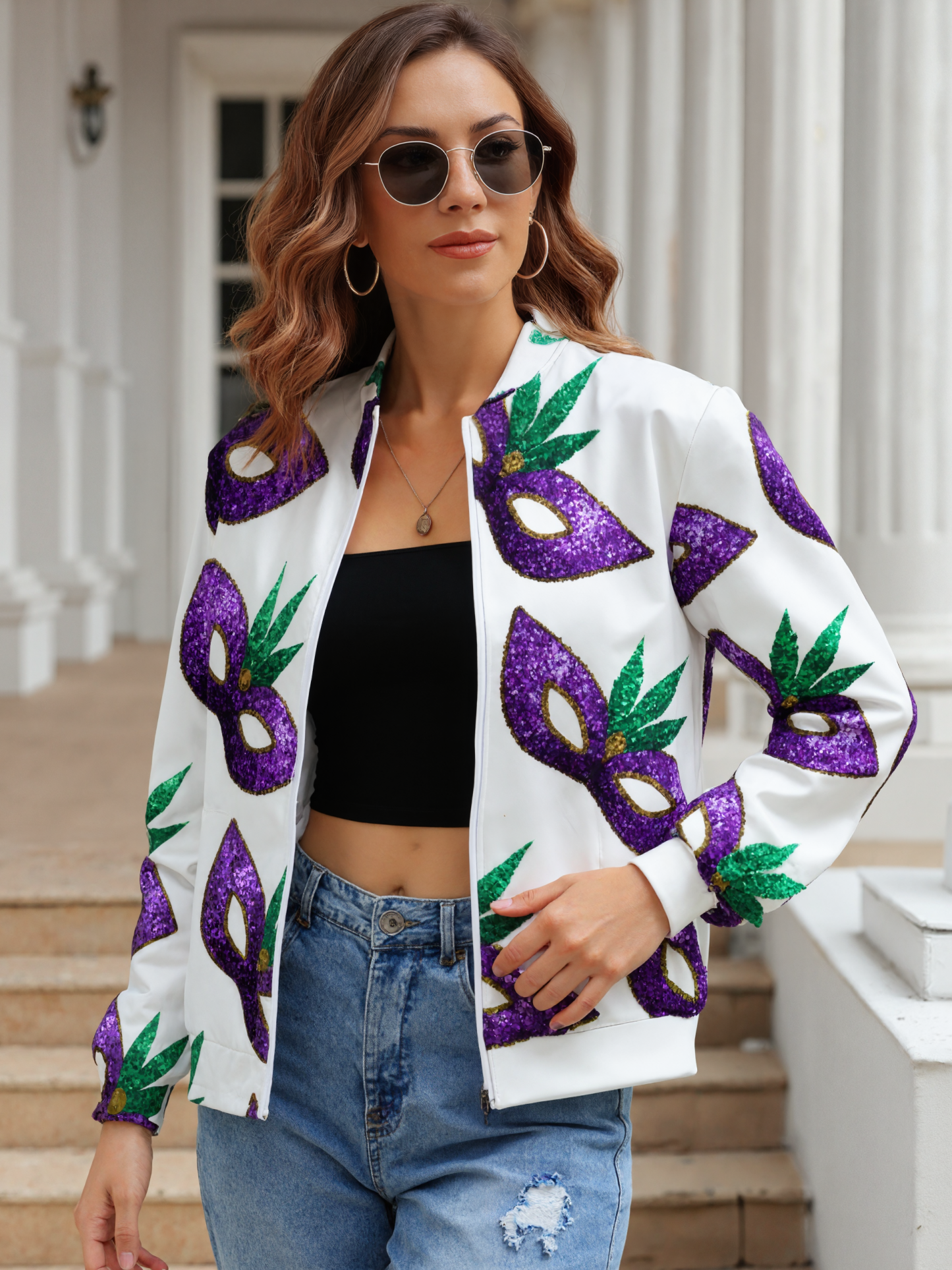 Mardi Gras Mask Purple Green Gold Sparkles Women boyfriend Zip Up Bomber Jacket Long Sleeve Open Front Cardigan Tops