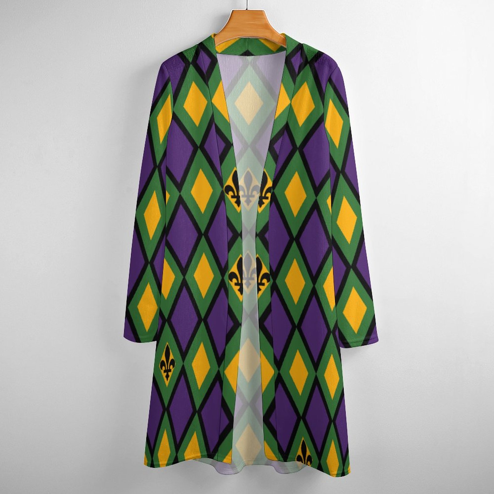 Women Mardi Gras Diamond Open Front Cardigans Printing Long Sleeve Lightweight Midi Duster Cardigan