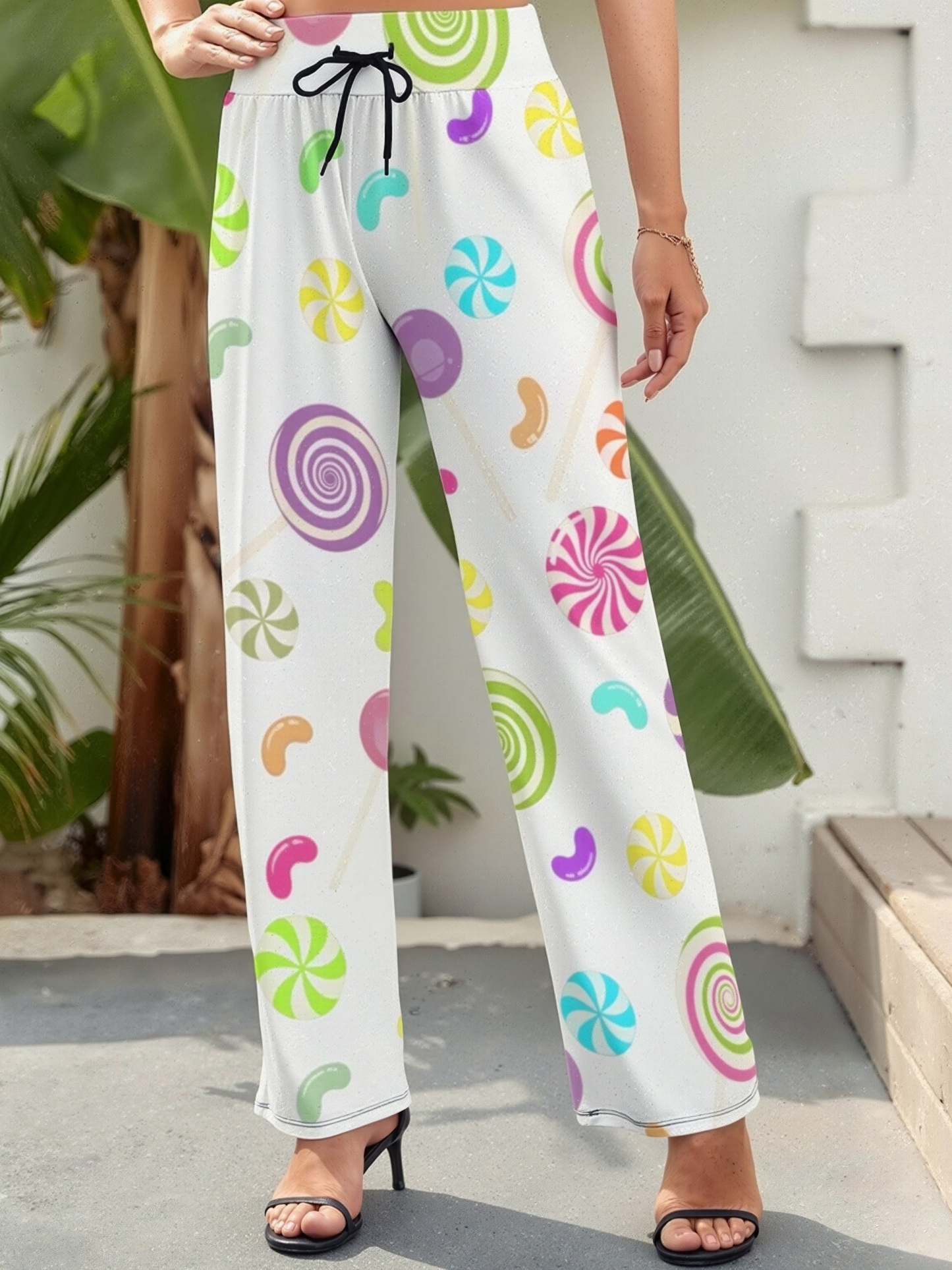 Summer Fall Funny Vintage Lollipop Candy Women's High Waist Wide Leg Long Palazzo Lounge Pants