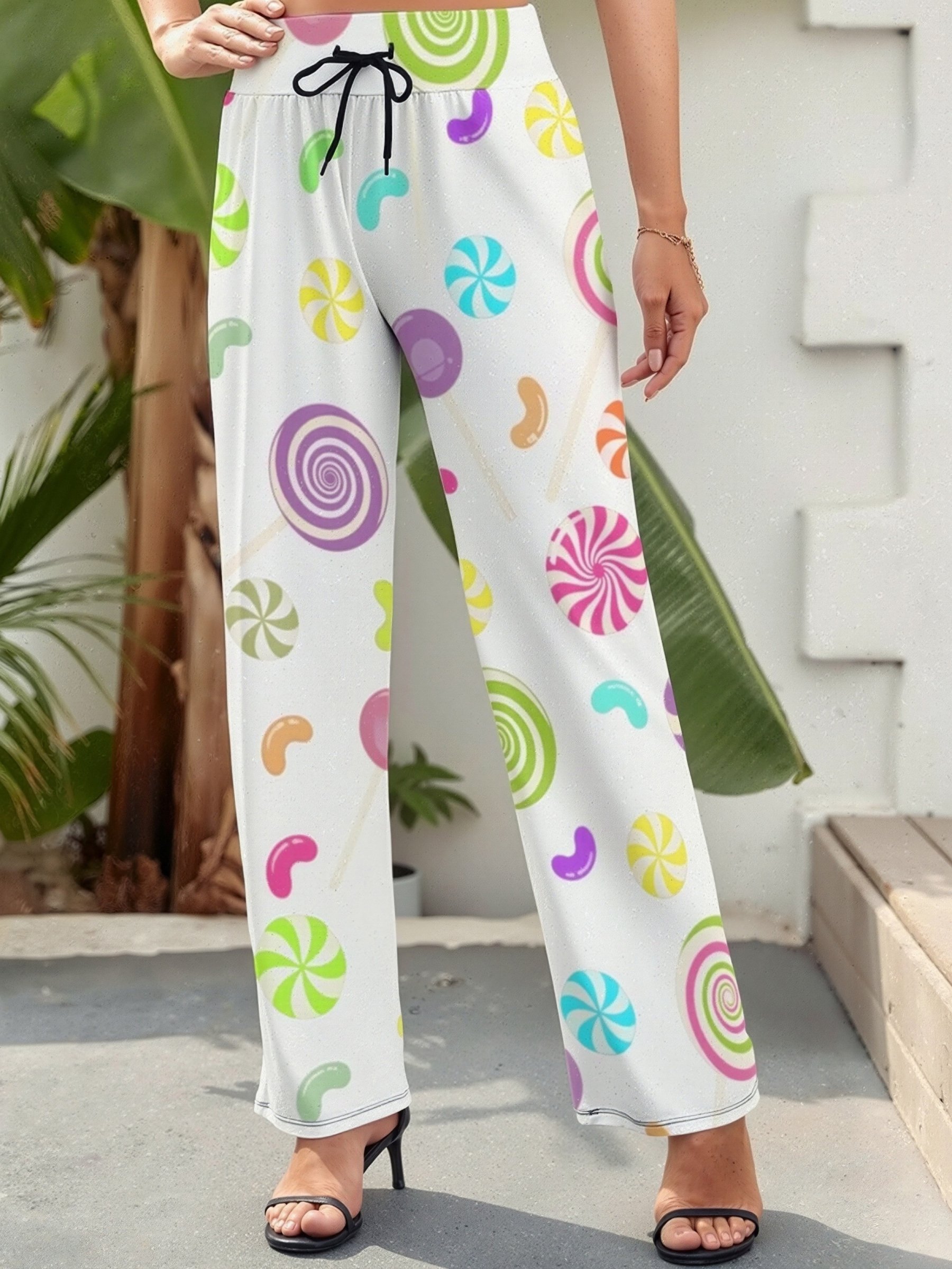 Summer Fall Funny Vintage Lollipop Candy Women's High Waist Wide Leg Long Palazzo Lounge Pants