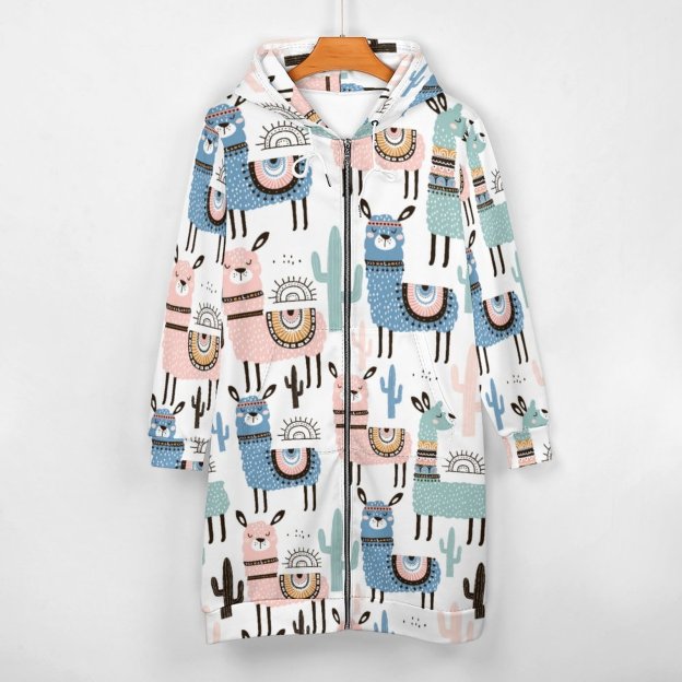 Funny Llama And Cactus Pattern Zip Up Long Hoodie Jacket Coat Women Tunic Sweatshirt Plus Size Open Front Cardigan Outfits