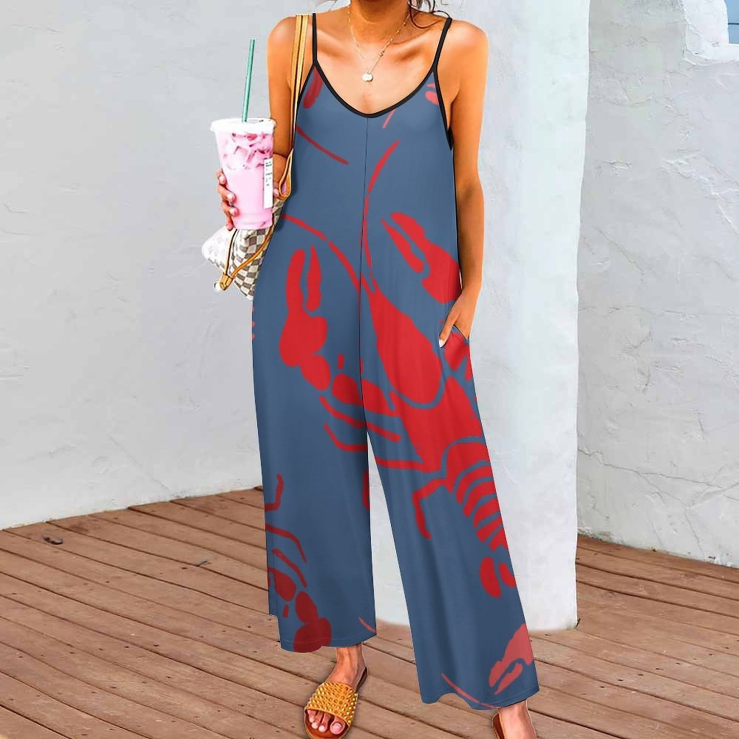 Custom Photo Lobster Bake Crawfish Jumpsuit Personaliz Wide Leg Romper