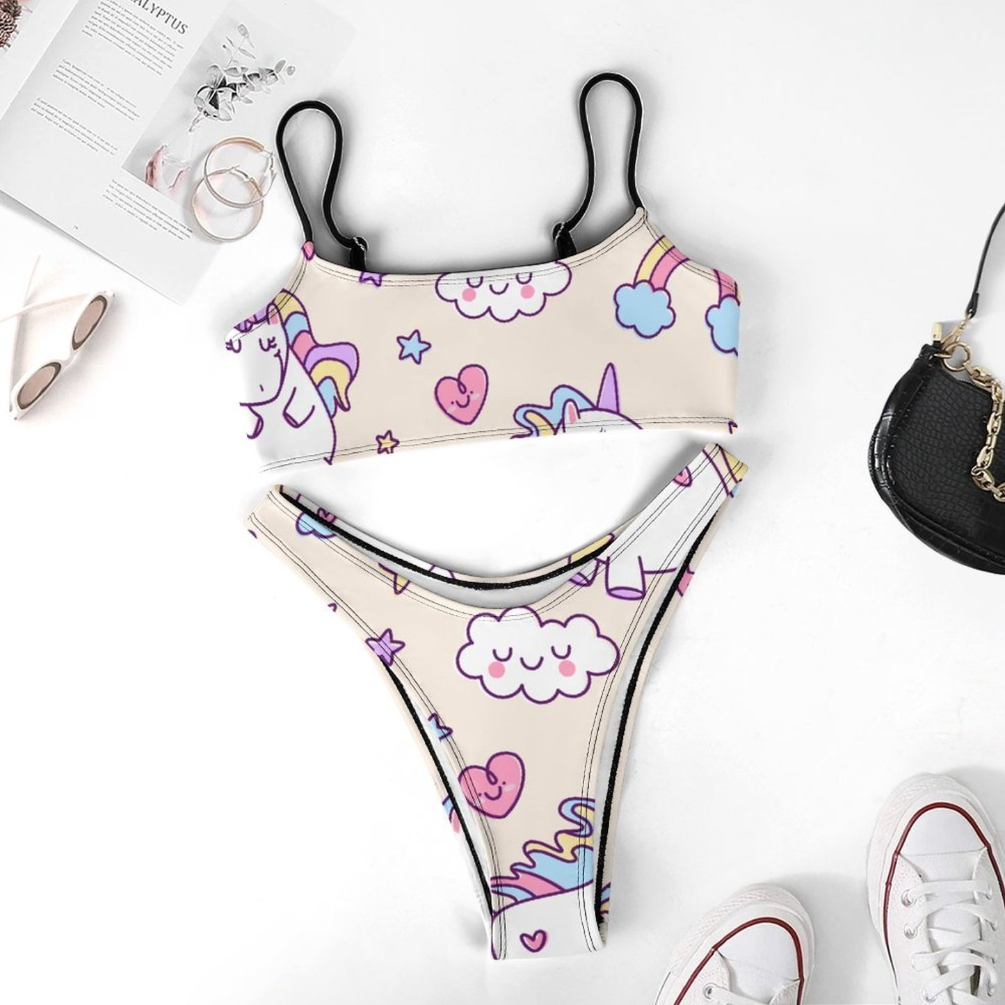 Kawaii Chubby Flying Unicorns Rainbow 2 Piece Bikini Swimsuit Women Wireless High Waist Bathing Suit