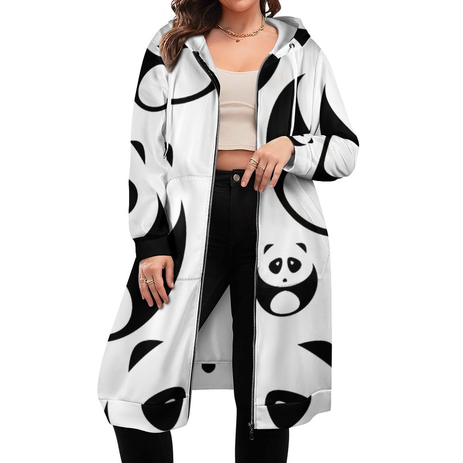 Kawaii Black And White Panda Zip Up Long Hoodie Jacket Coat Women Tunic Sweatshirt Plus Size Open Front Cardigan Outfits